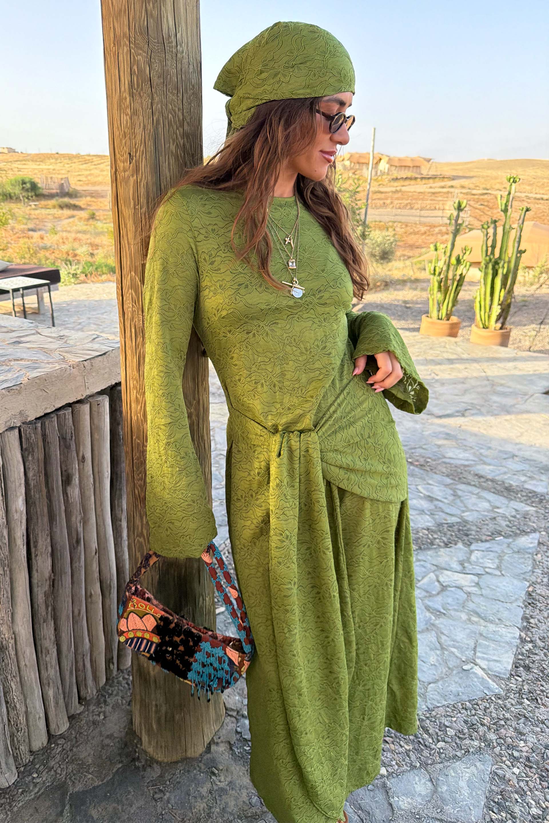 Green Lace Tie Dress with Head Scarf