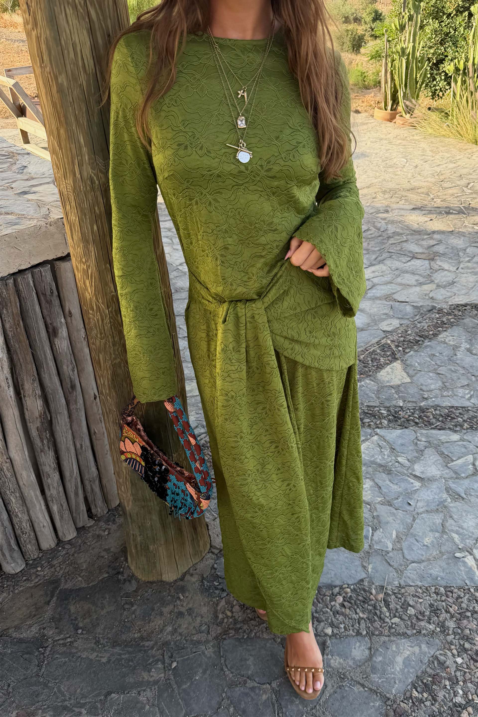 Green Lace Tie Dress with Head Scarf