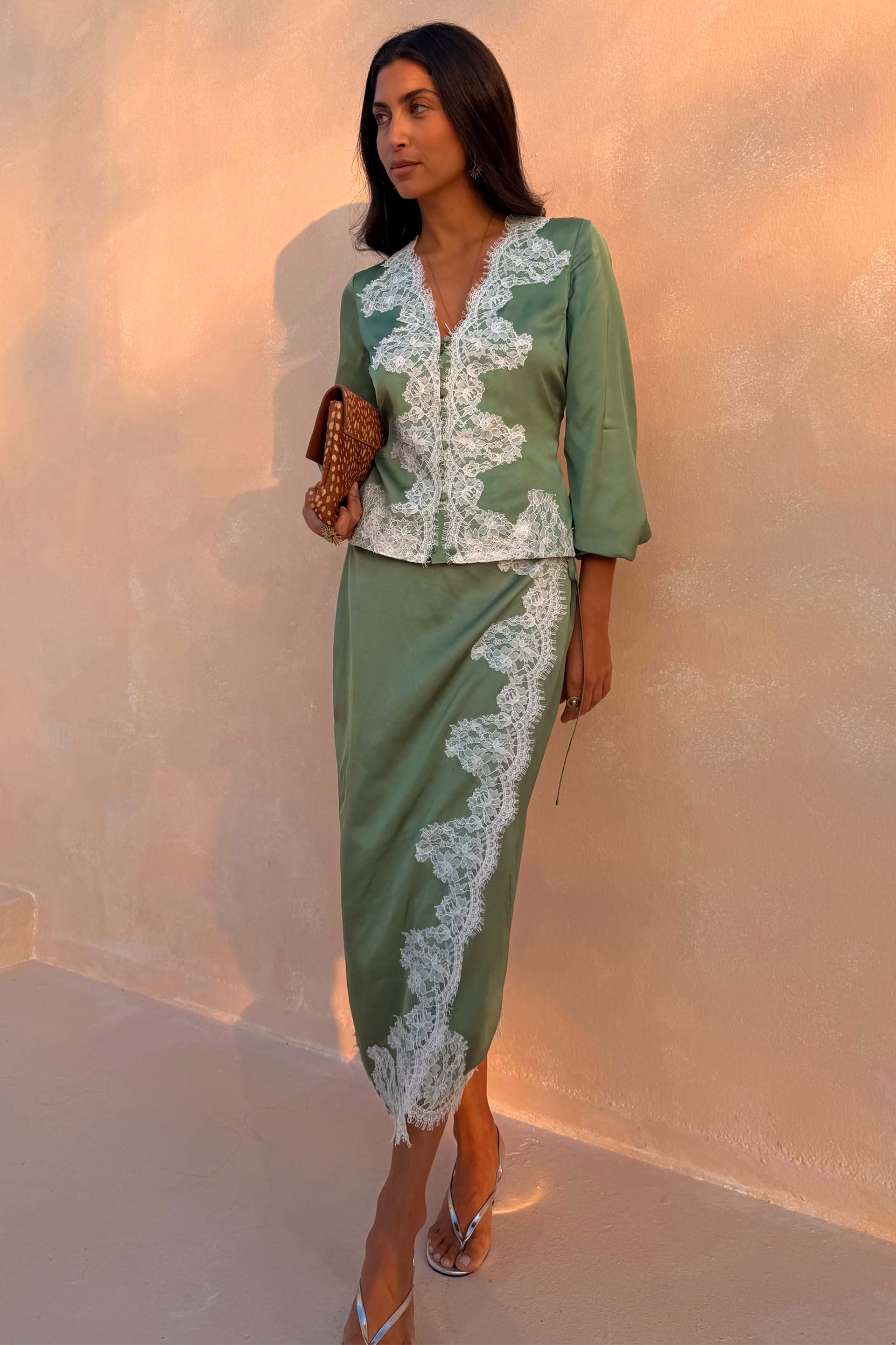 Green Lace Wrap Midi Skirt