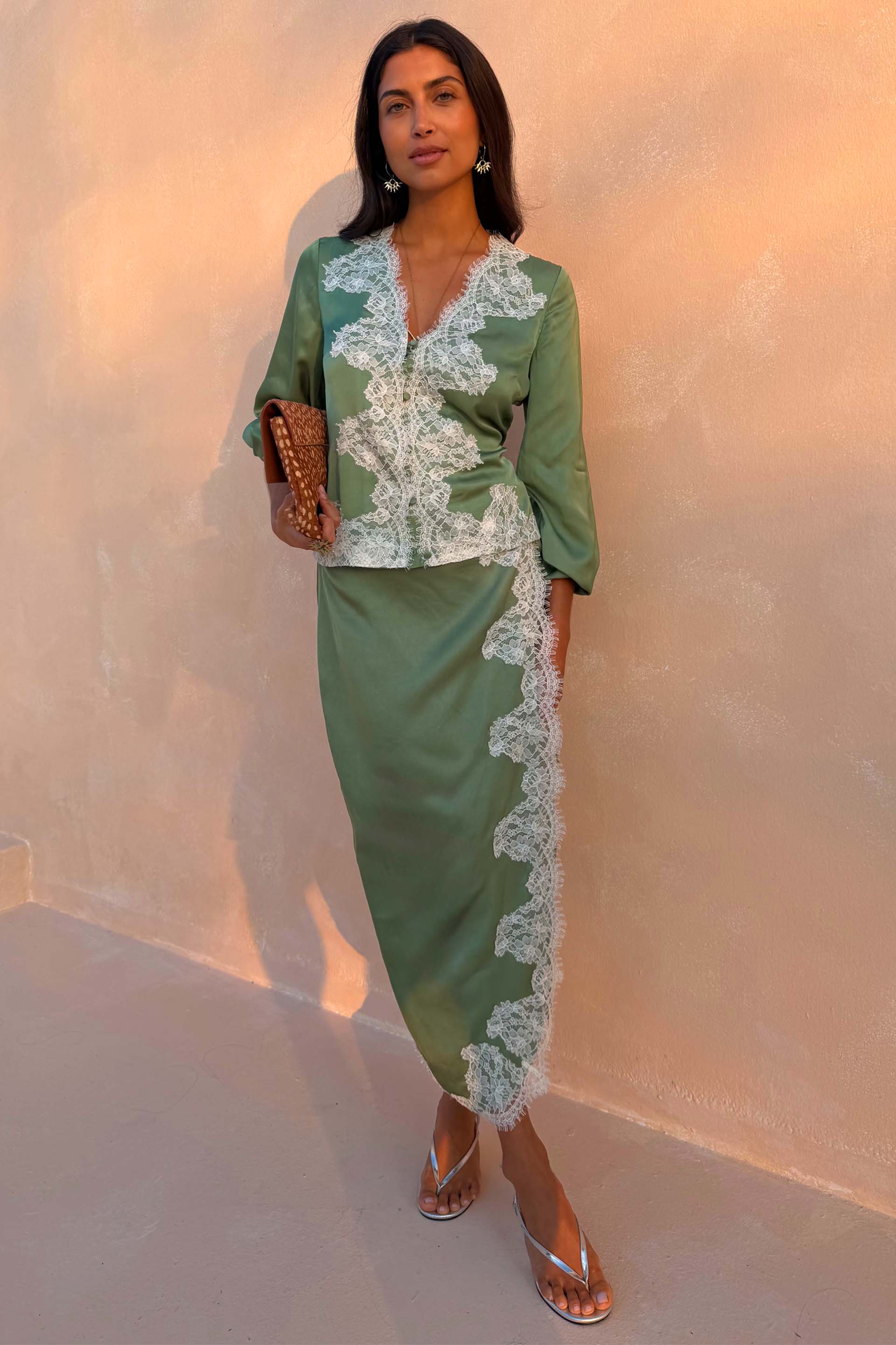Green Lace Wrap Midi Skirt