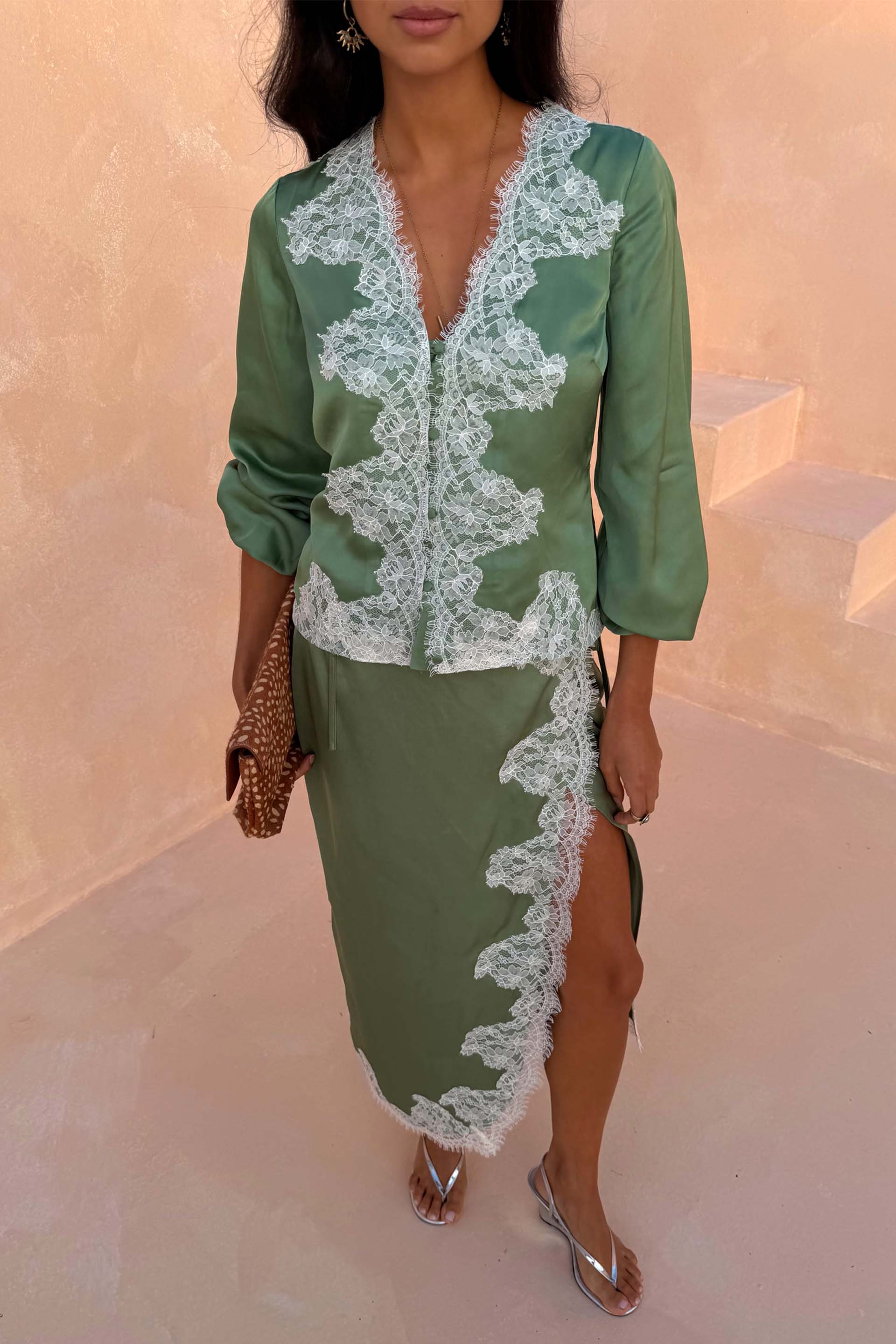 Green Lace Wrap Midi Skirt