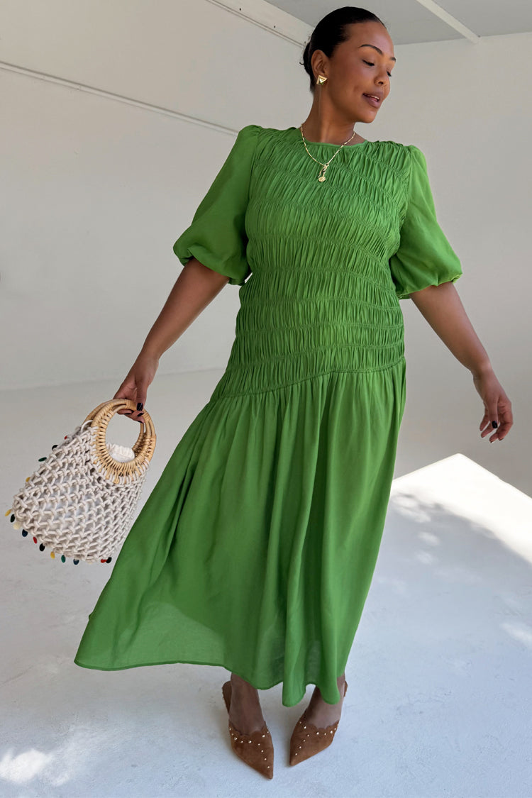 Green Shirred Nara Dress