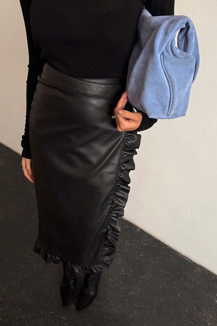 Black Vegan Leather Ruffle Jaspre Skirt