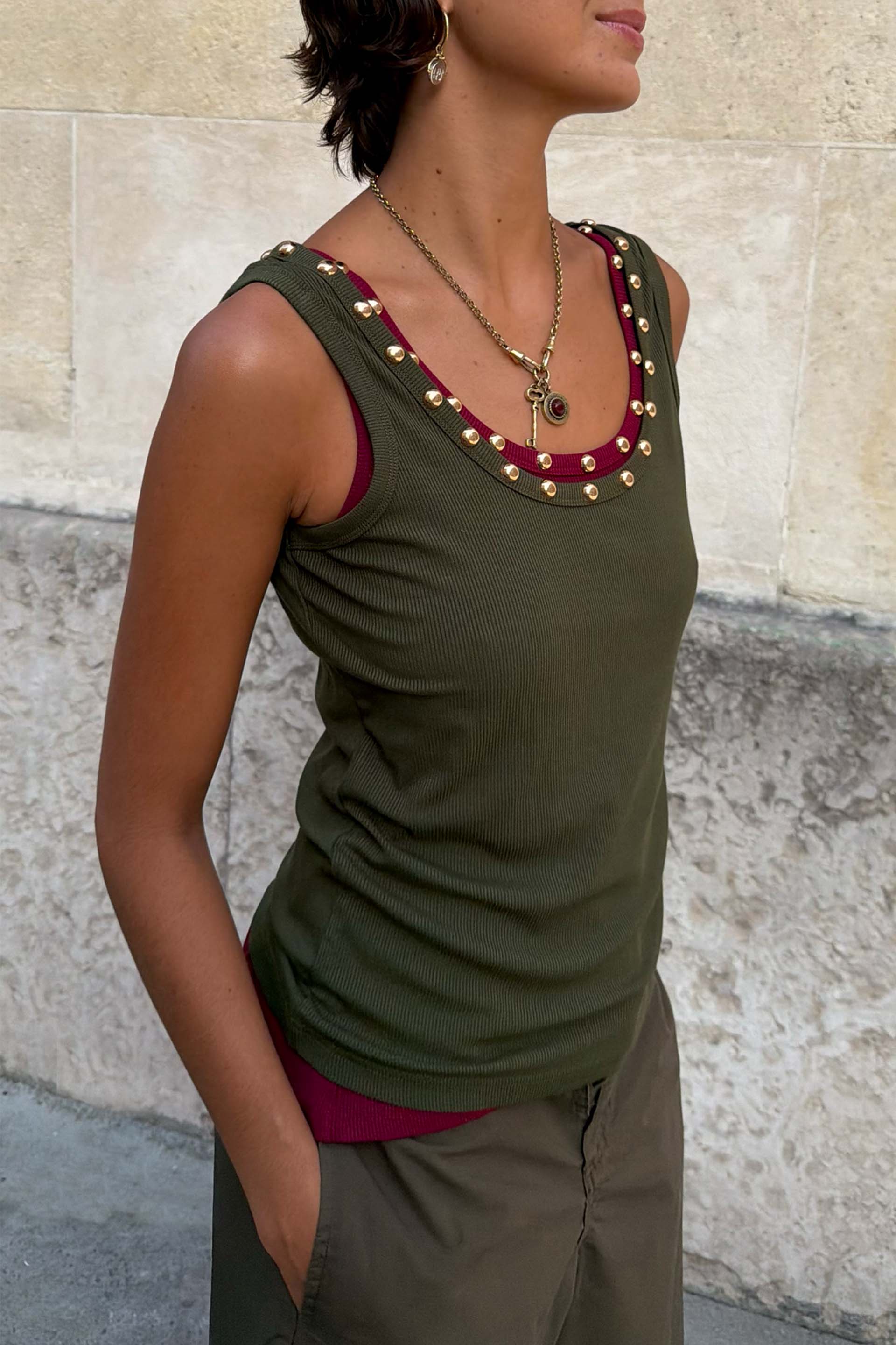 Khaki Studded Rib Vest