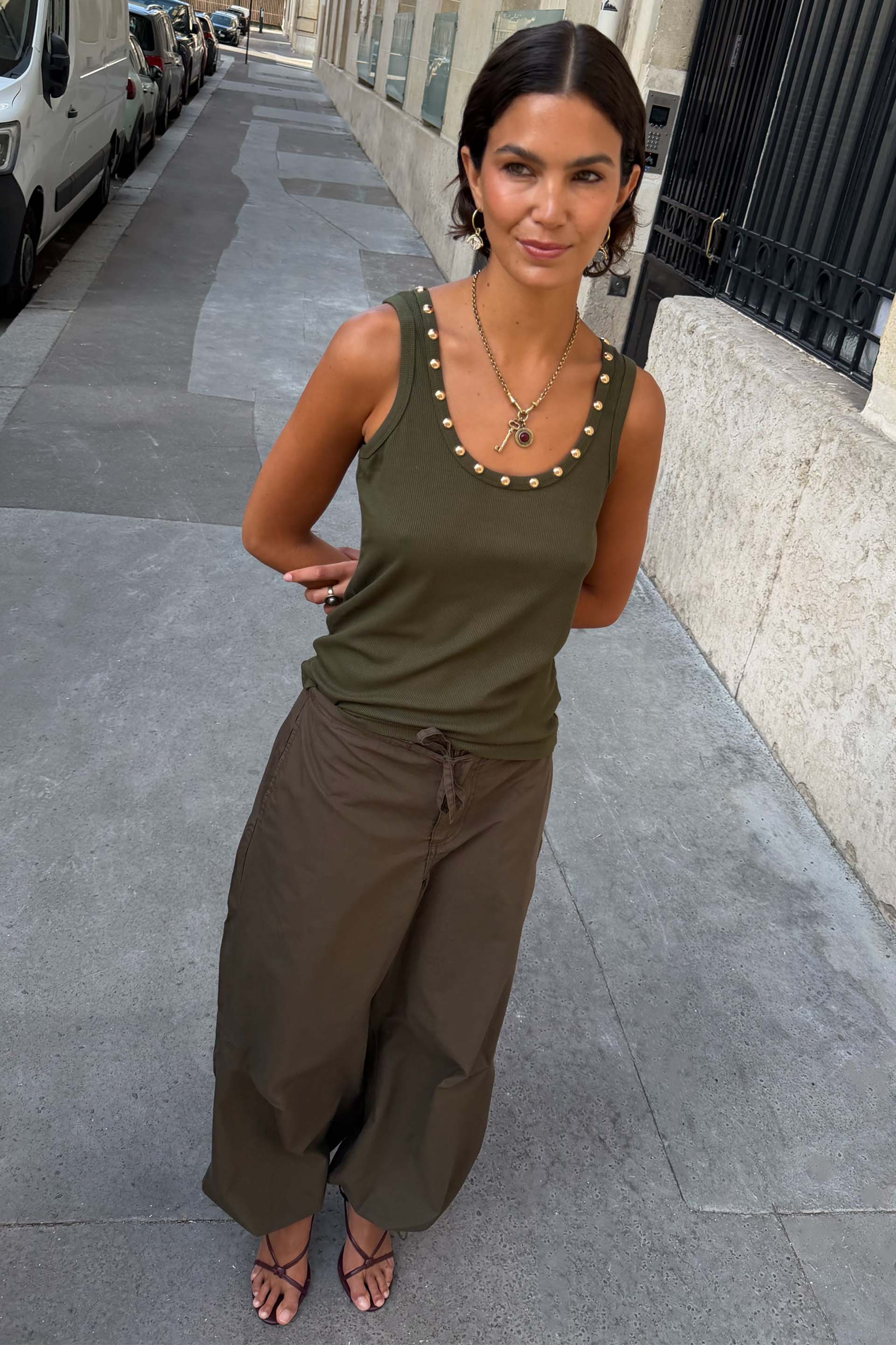 Khaki Studded Rib Vest