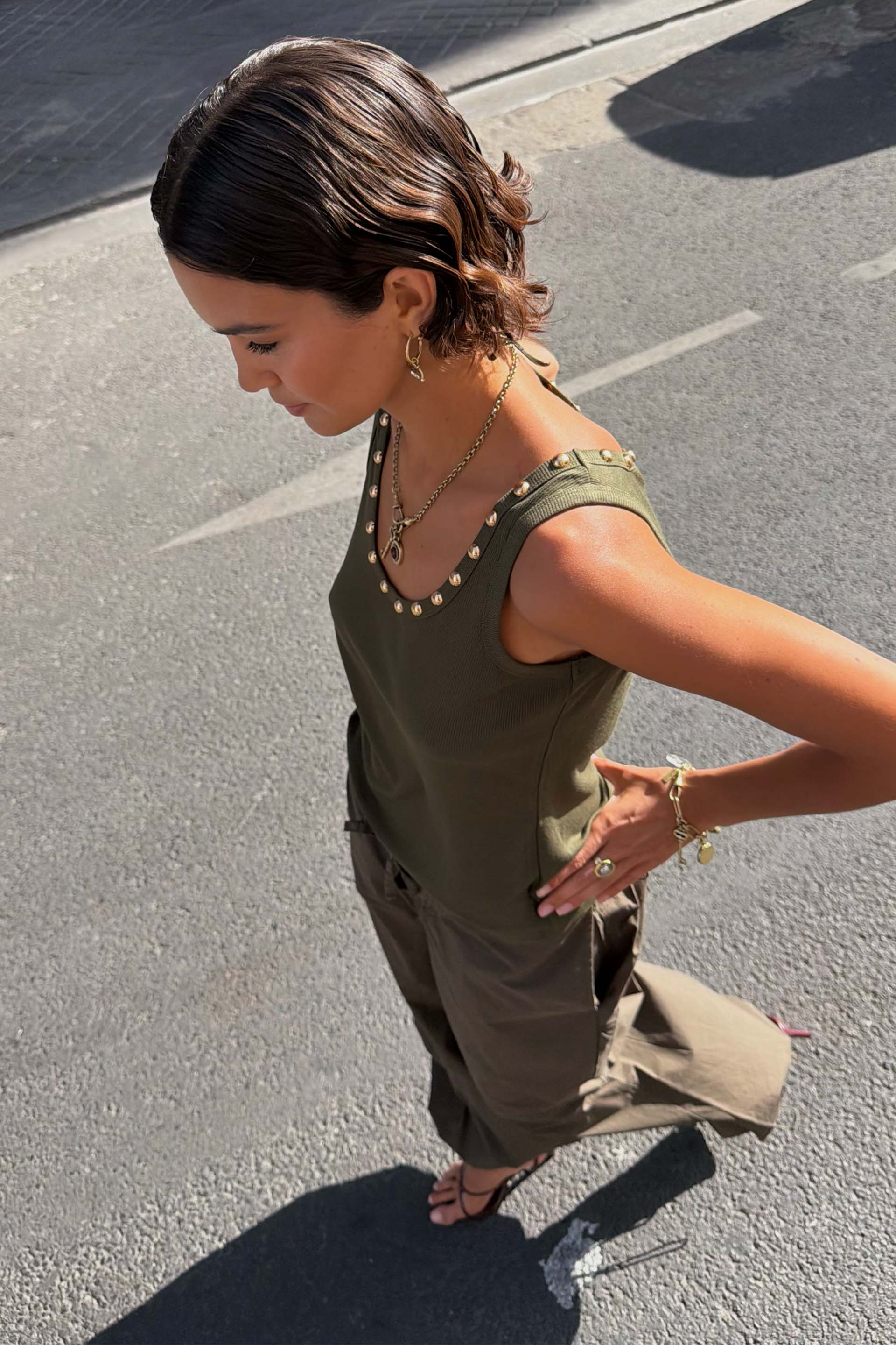 Khaki Studded Rib Vest