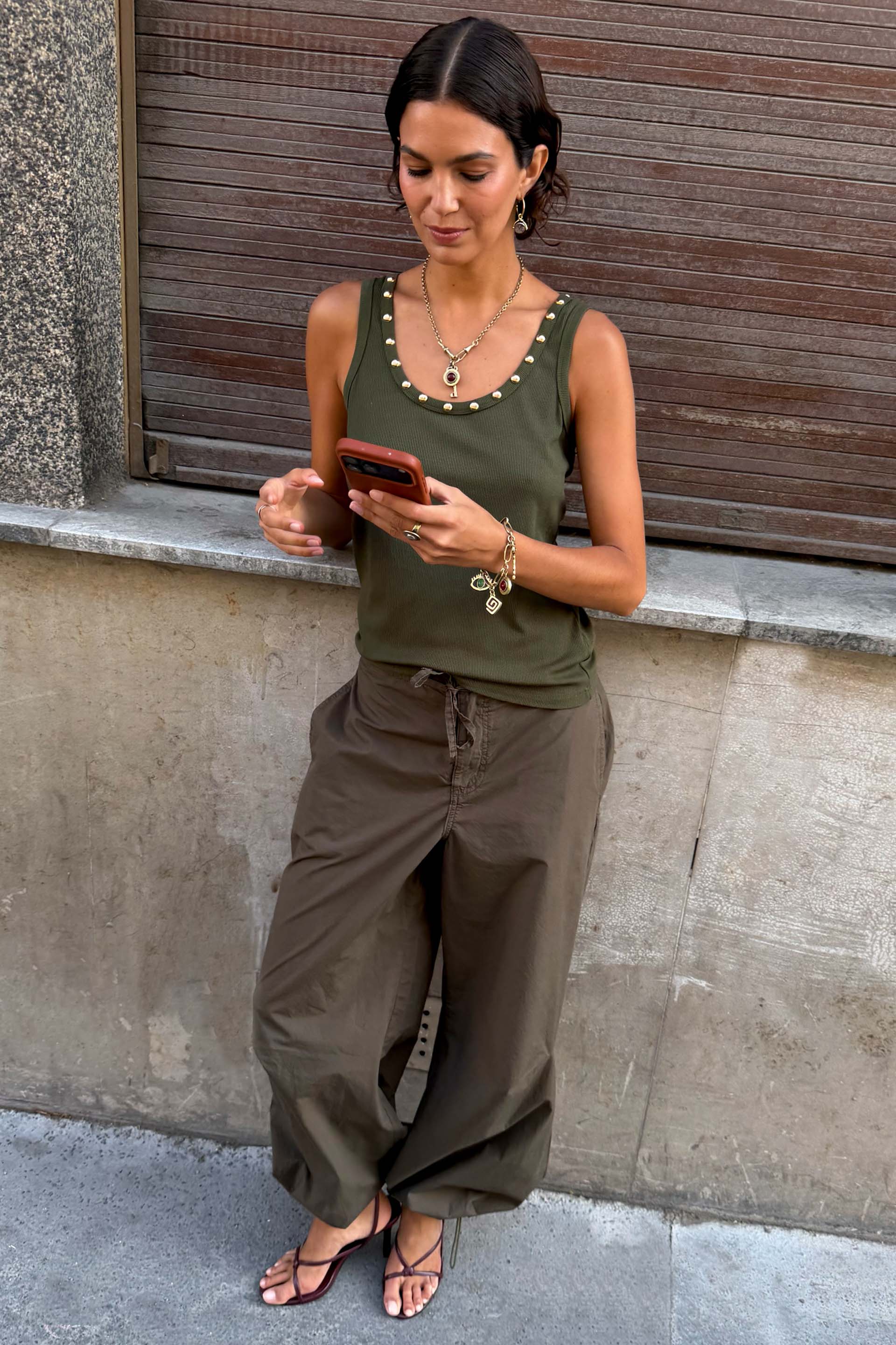 Khaki Studded Rib Vest