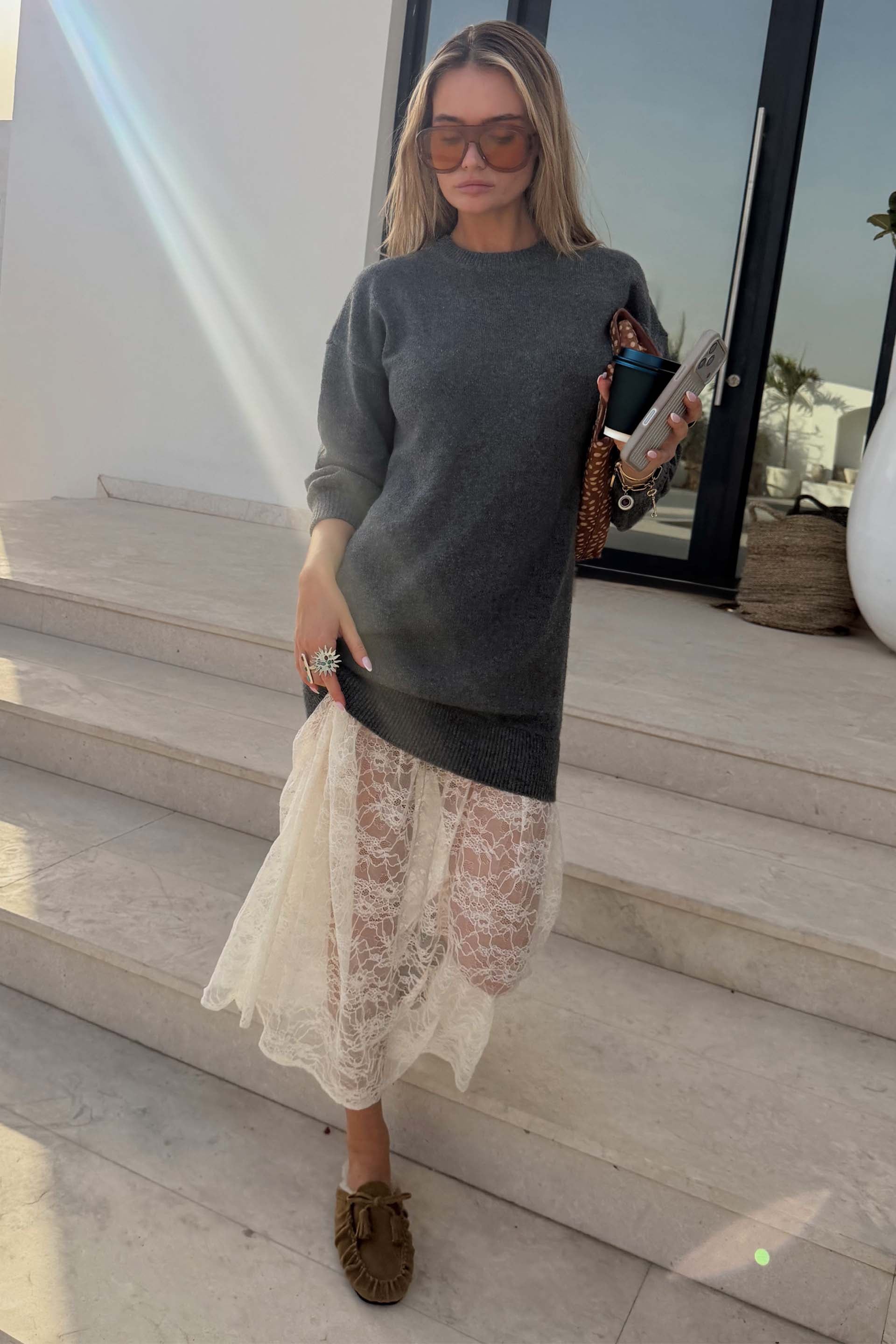 Grey Knit Jumper Dress with Sheer Lace Skirt