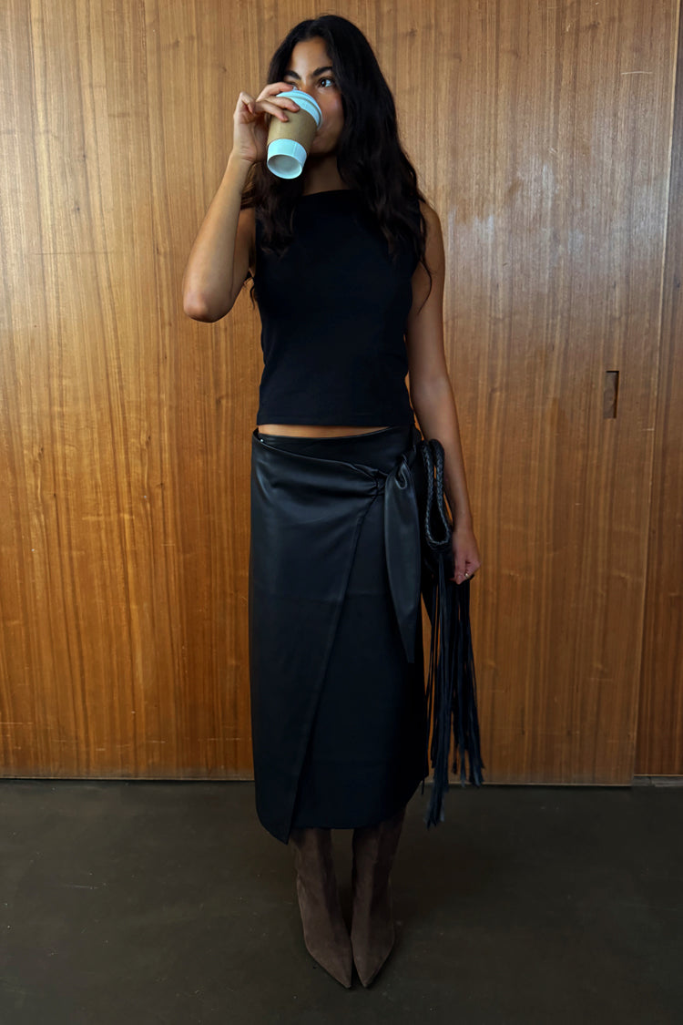 Black Vegan Leather Wrap Skirt