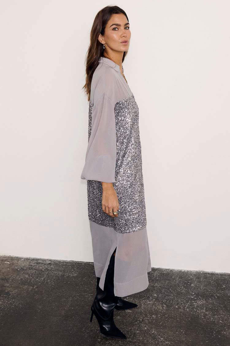 Gunmetal Sequin Lila Shirt Dress