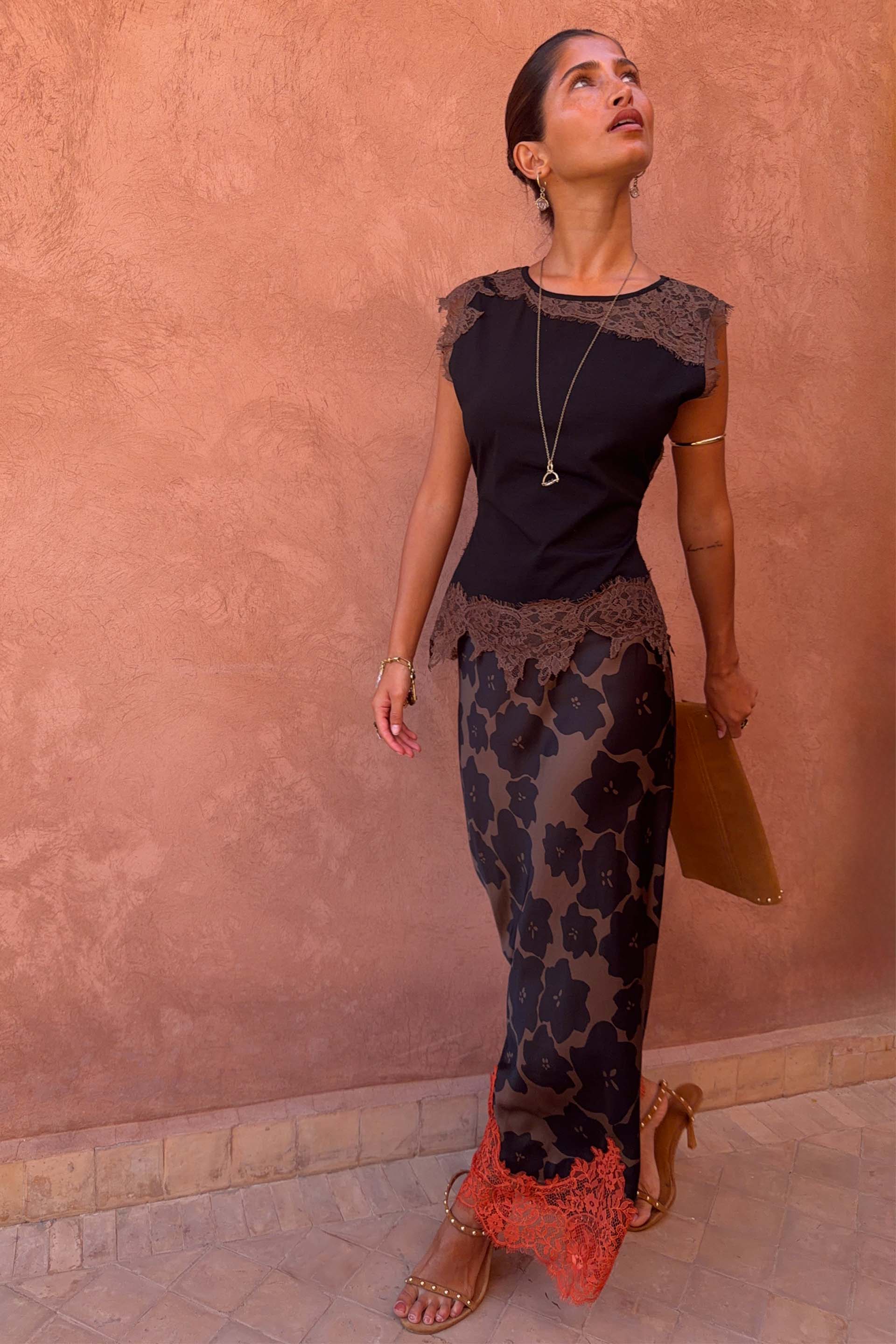 Tan Jaden Floral Midi Meava Skirt