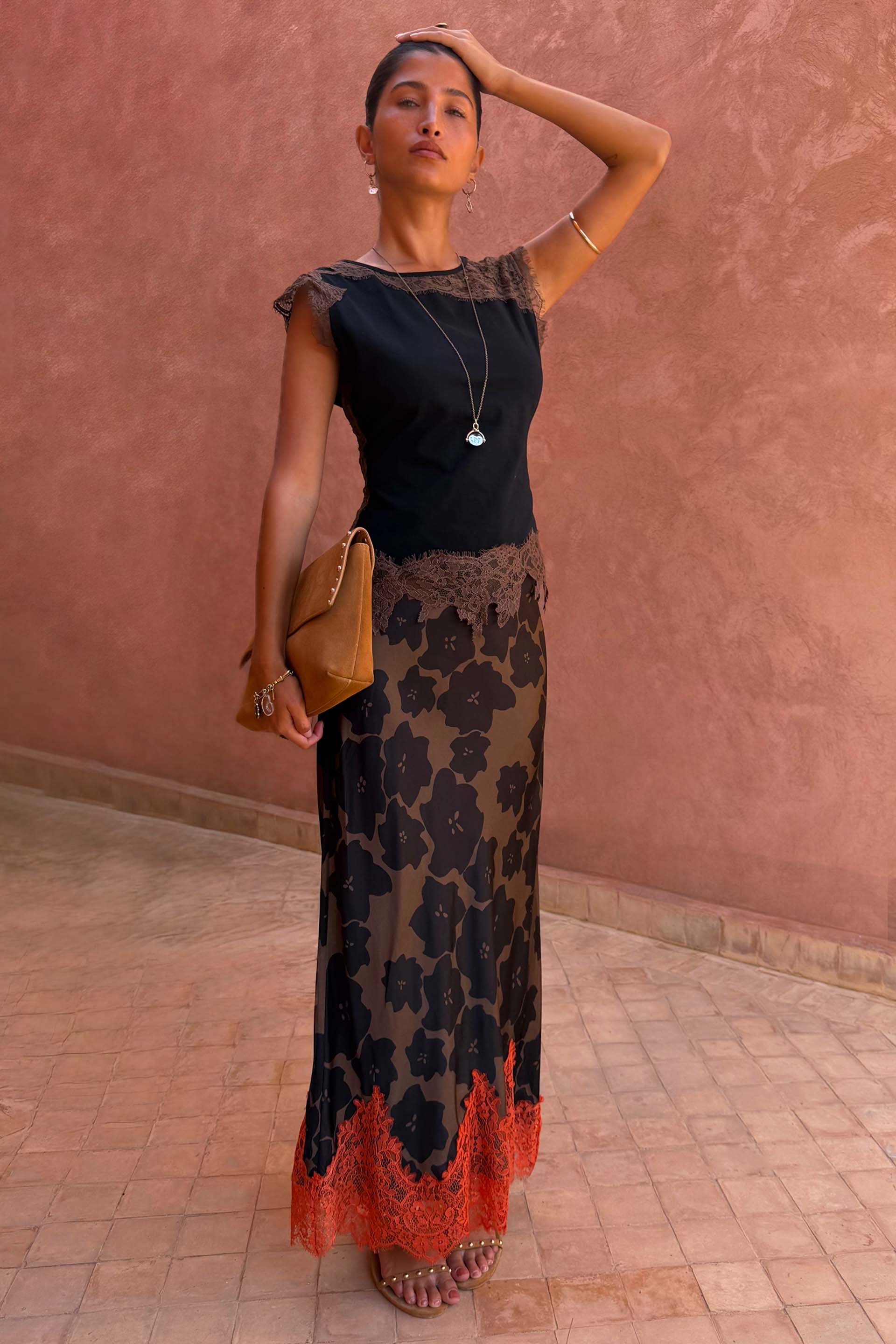 Tan Jaden Floral Midi Meava Skirt