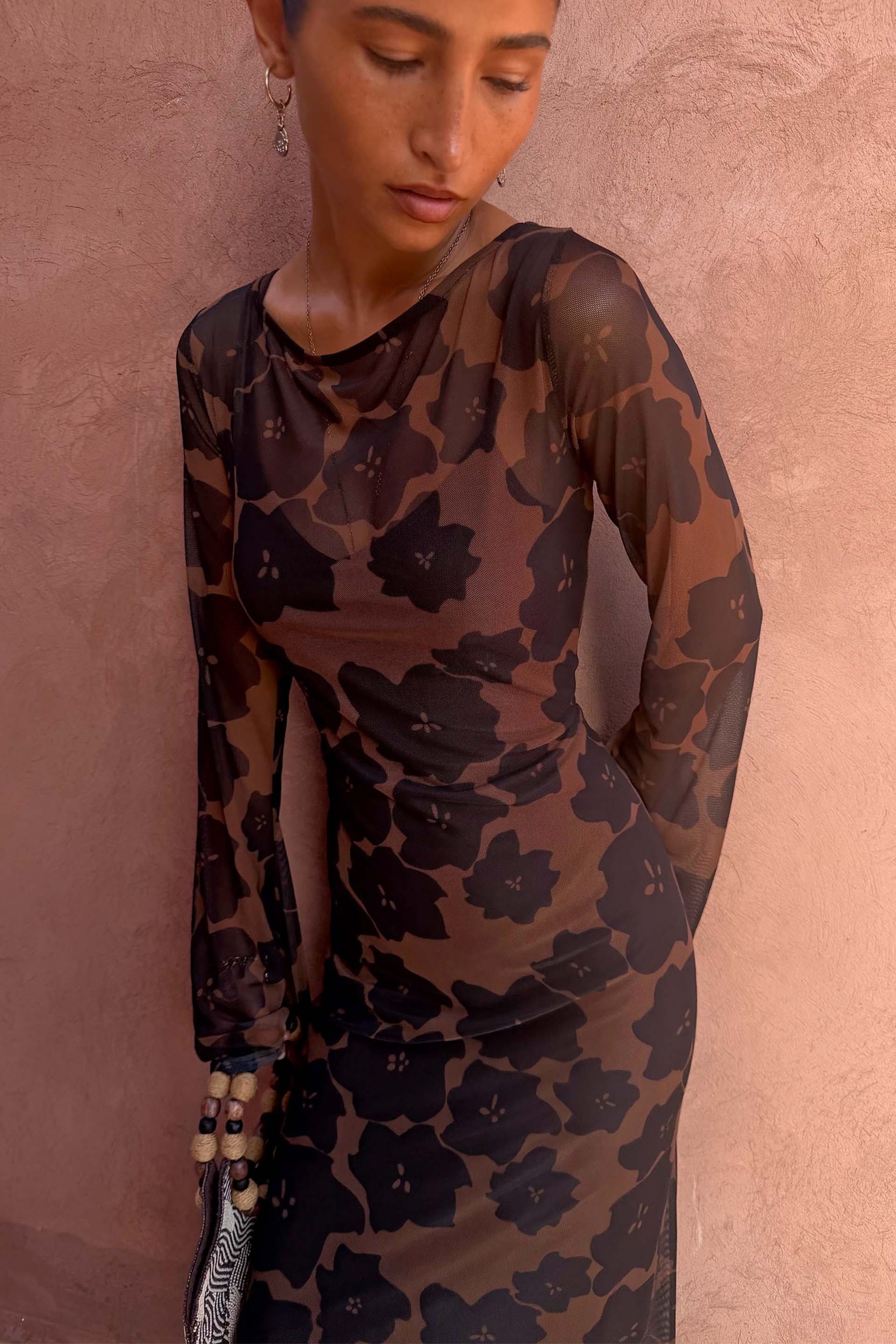 Tan Jaden Floral Mesh Dress