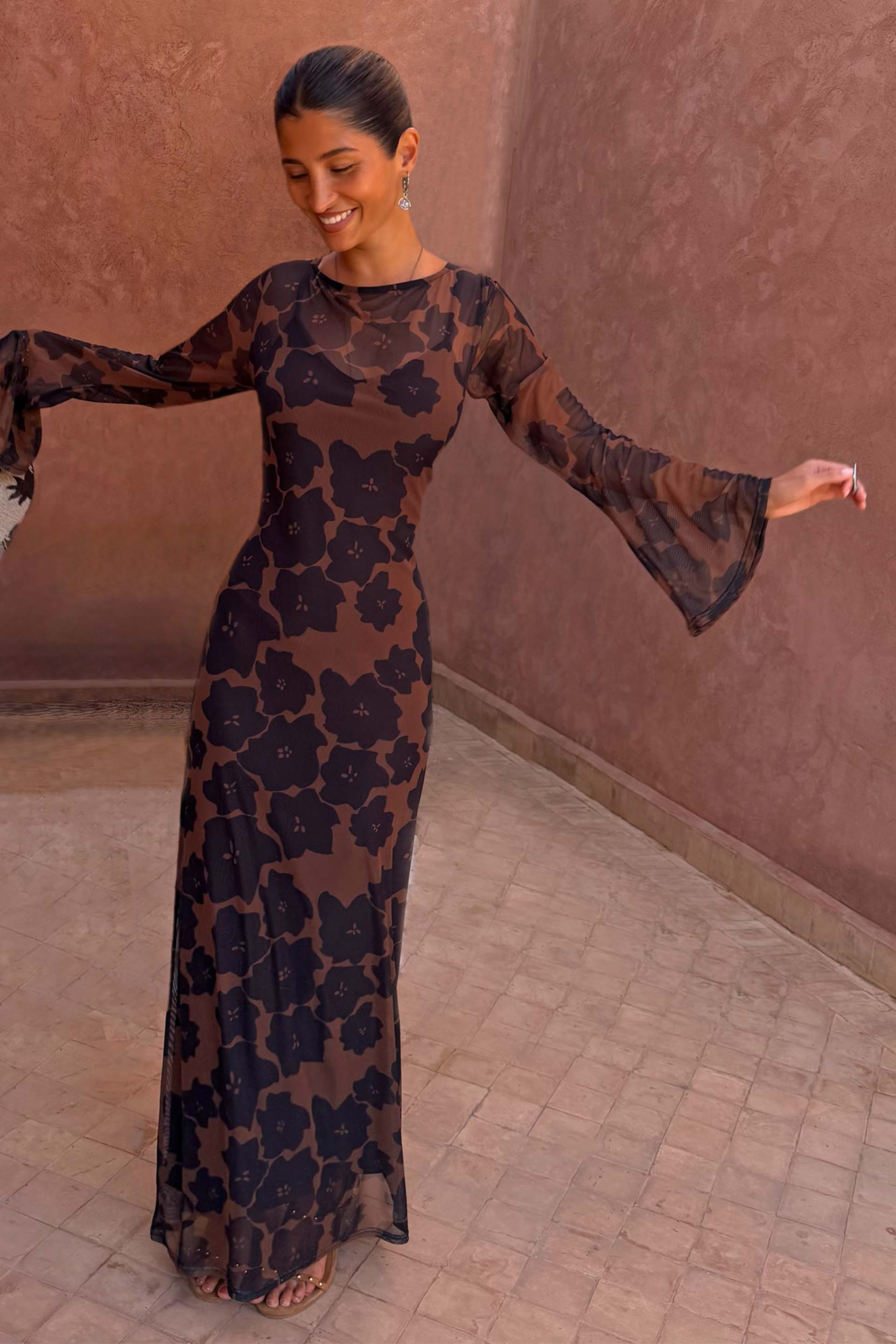 Tan Jaden Floral Mesh Dress Petite