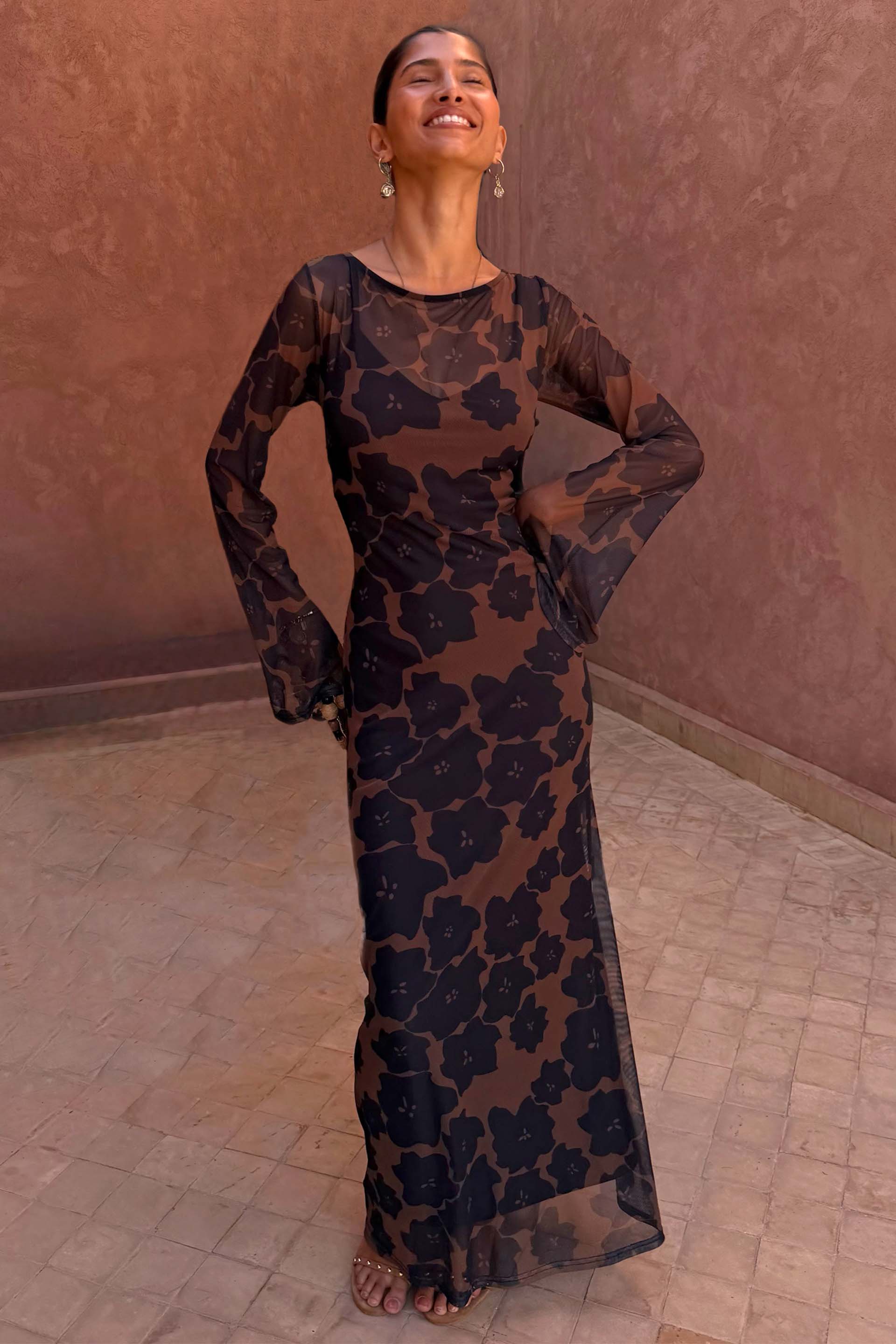 Tan Jaden Floral Mesh Dress