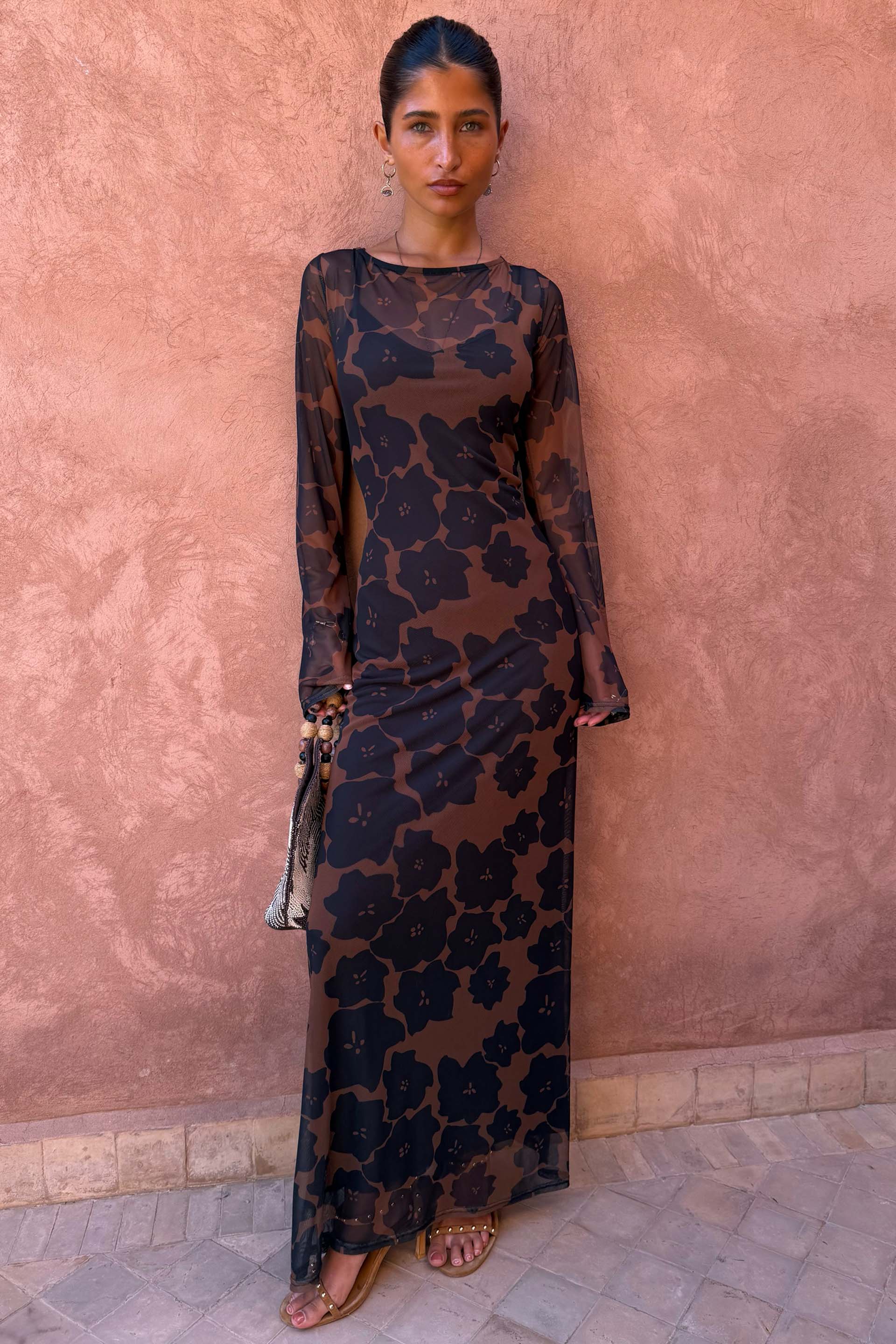 Tan Jaden Floral Mesh Dress