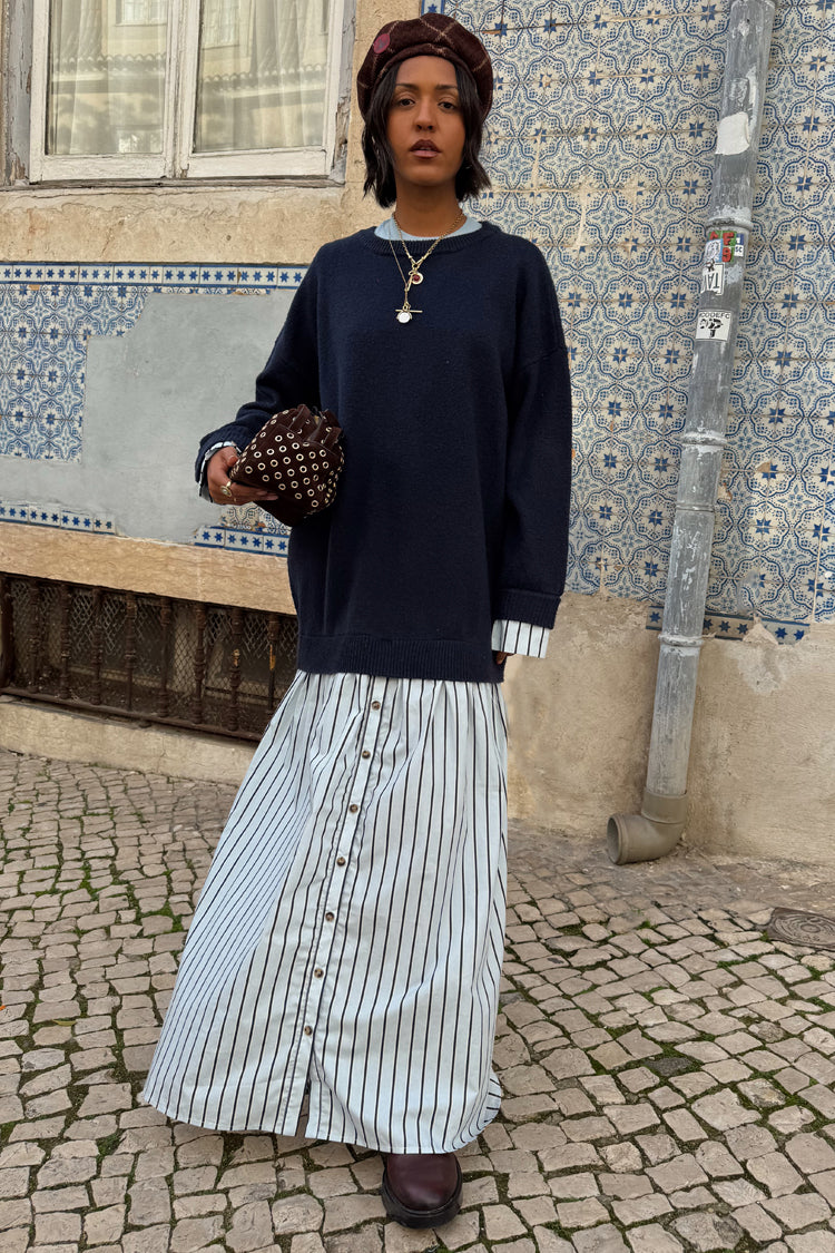 Navy Knit Jumper Dress with Stripe Cotton Skirt