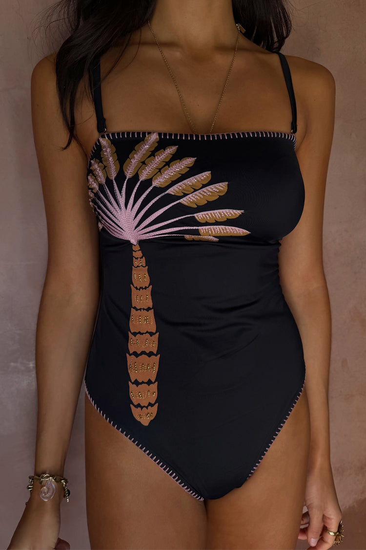 Black Palm Embroidered Bandeau Swimsuit