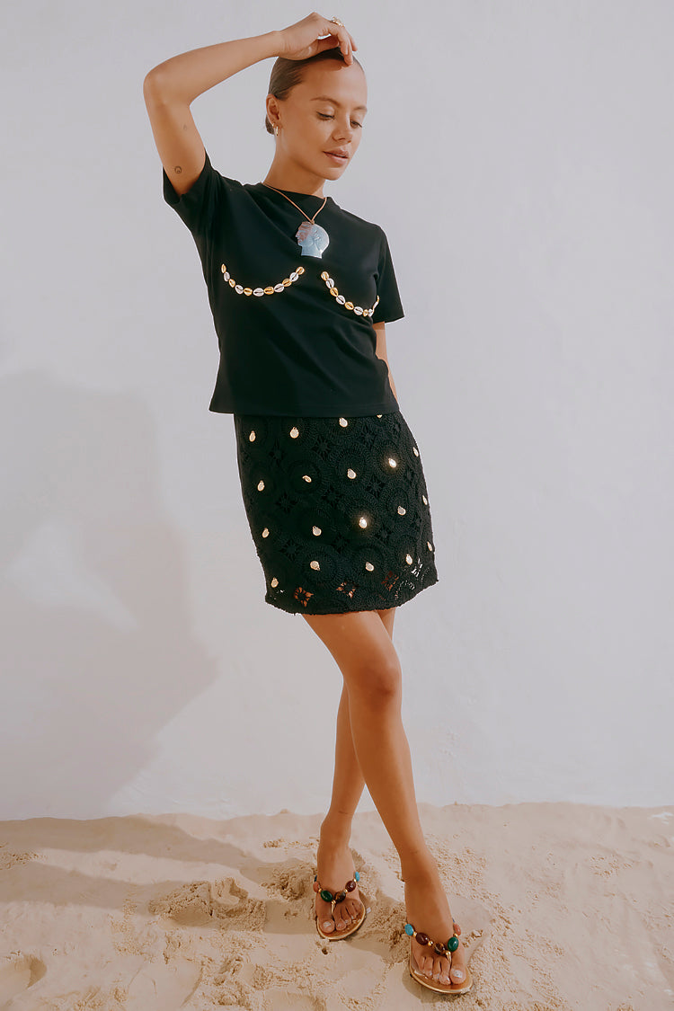 Black Crochet Shell Wrap Skirt