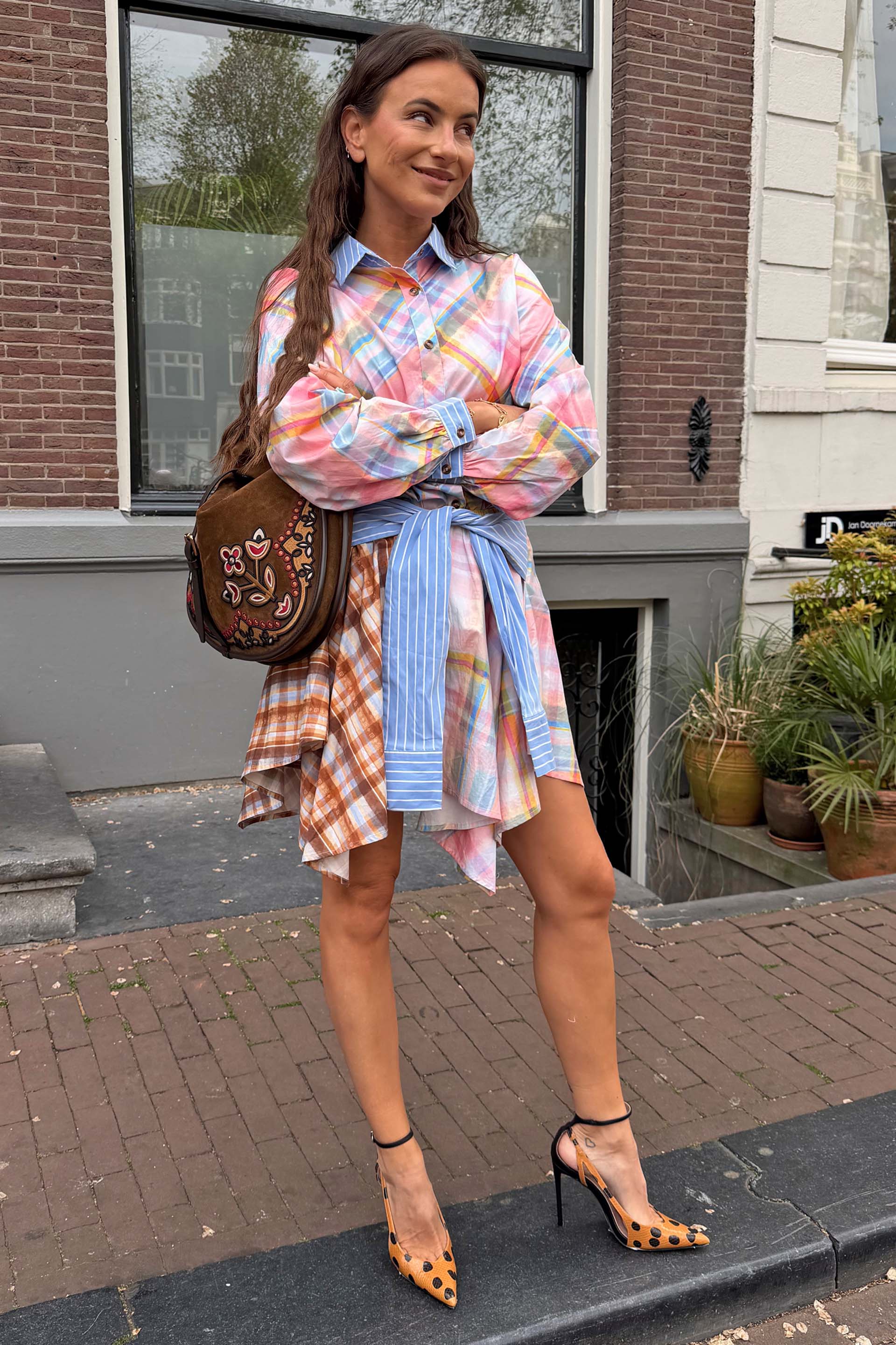 Check Shirt with Stripe Pussy Bow