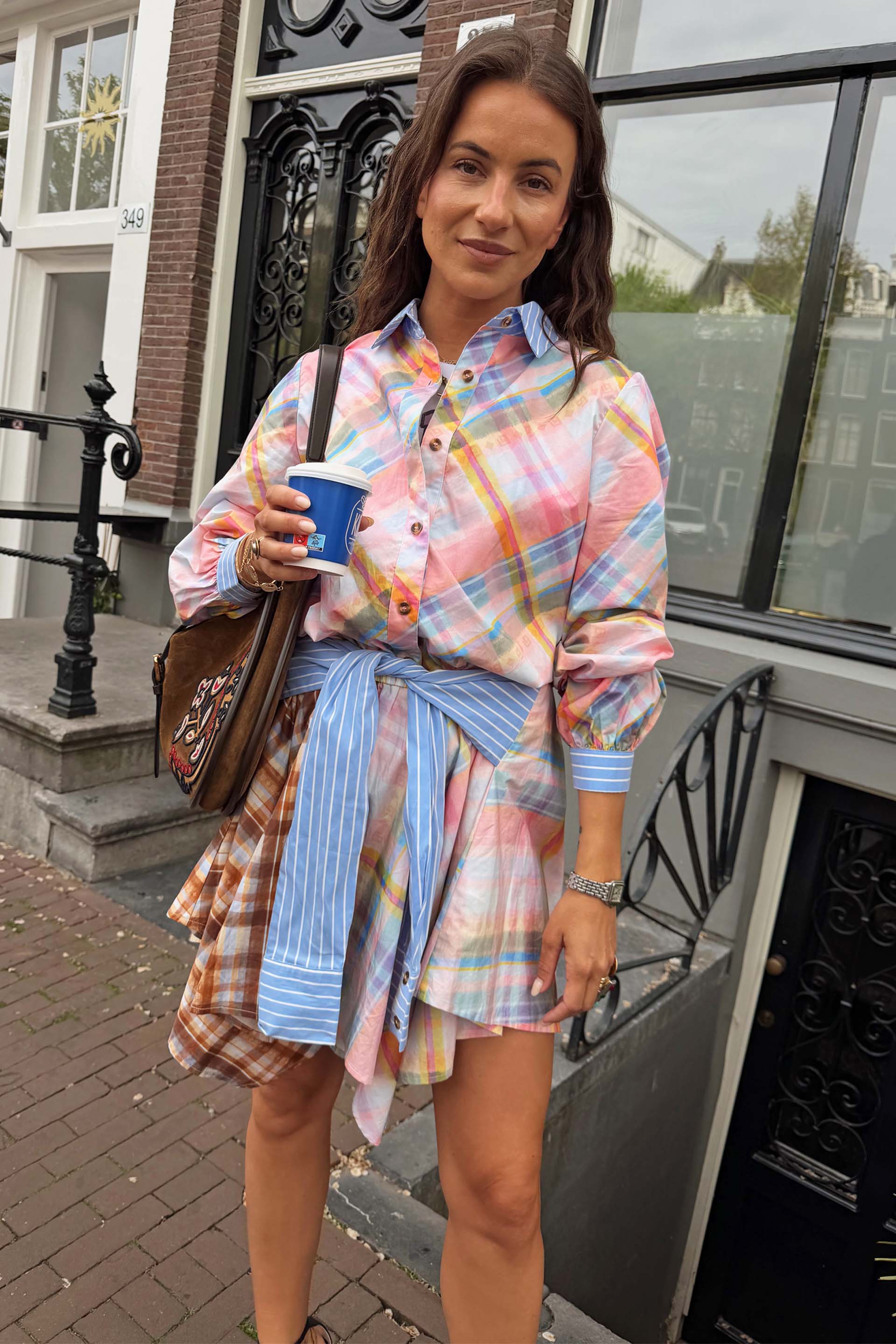 Check Shirt with Stripe Pussy Bow