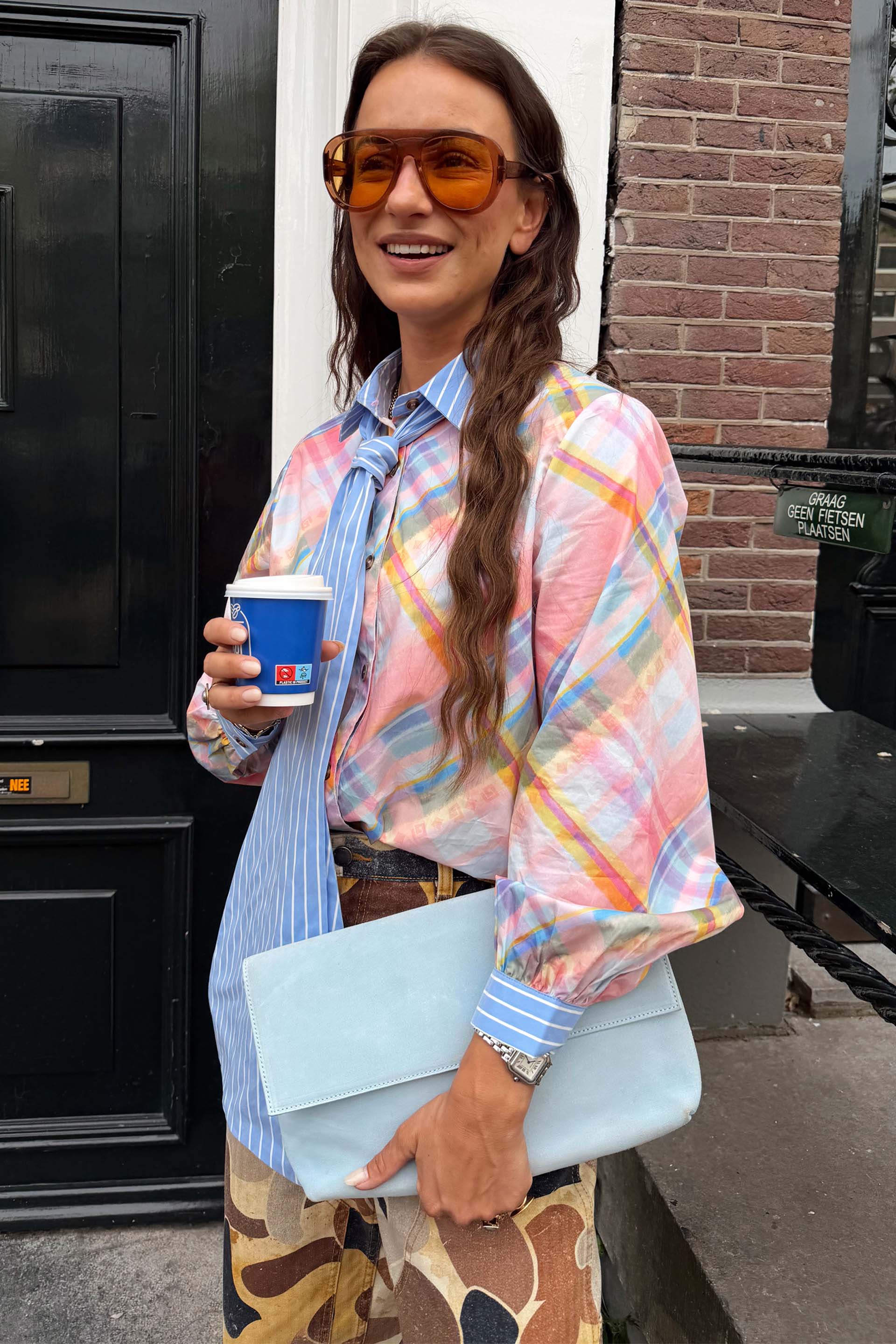 Check Shirt with Stripe Pussy Bow