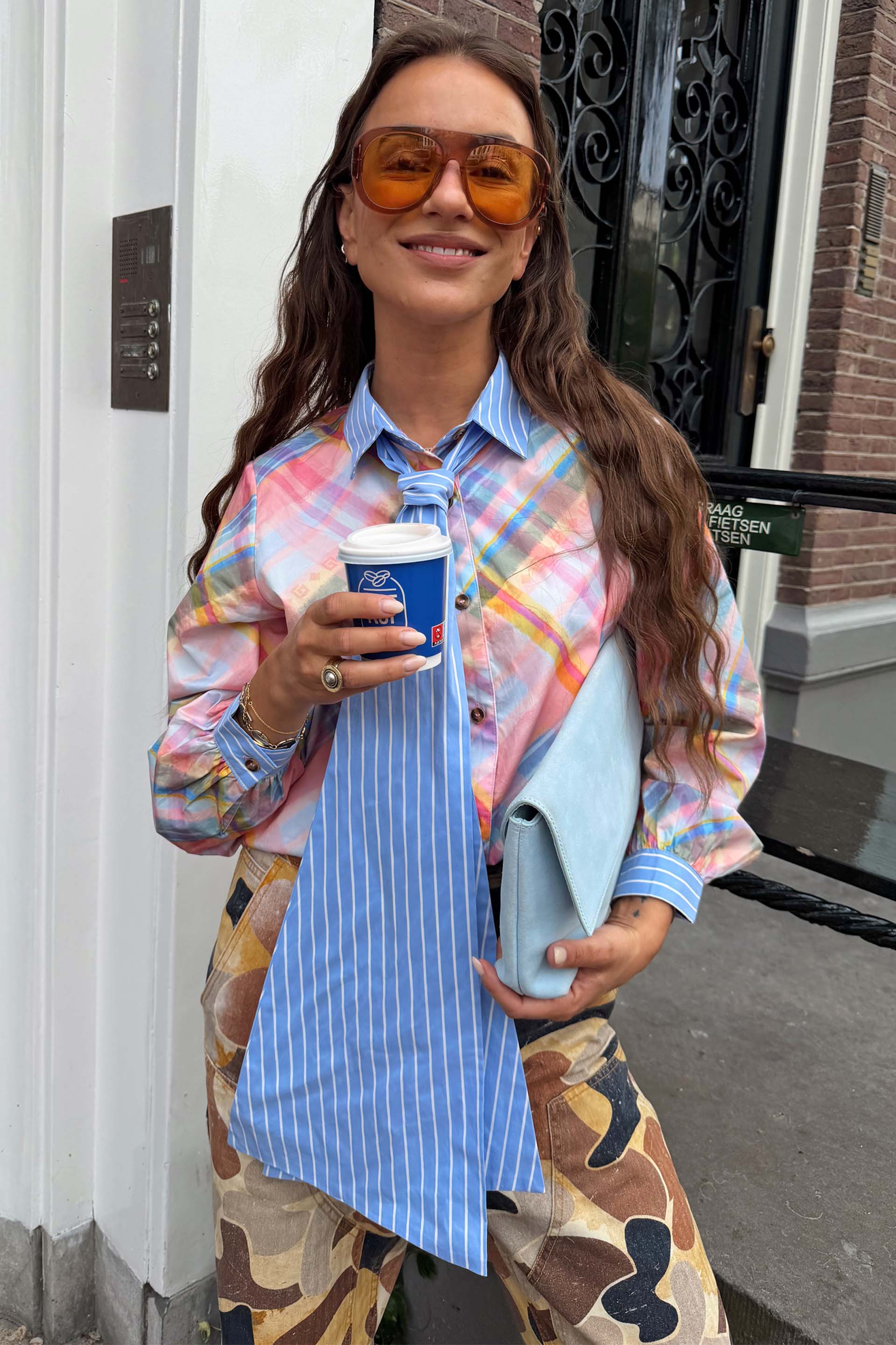 Check Shirt with Stripe Pussy Bow