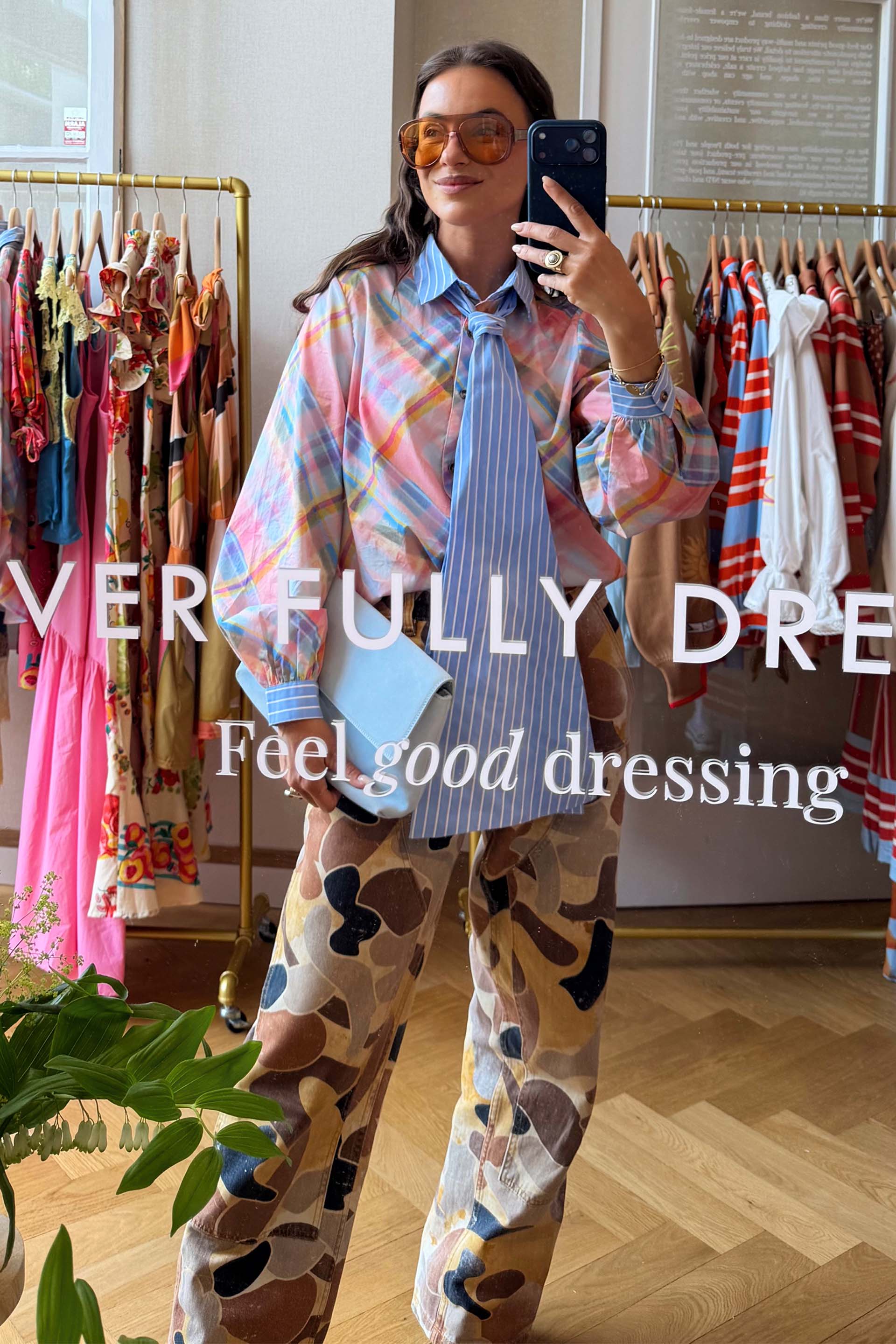 Check Shirt with Stripe Pussy Bow