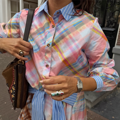 Check Shirt with Stripe Pussy Bow