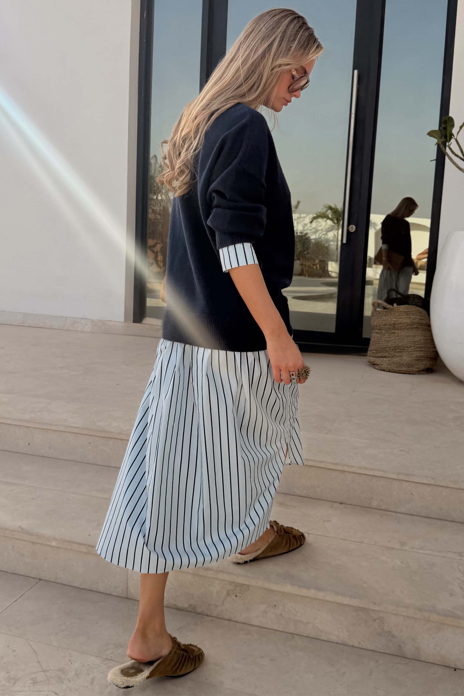 Navy Knit Jumper Dress with Stripe Cotton Skirt