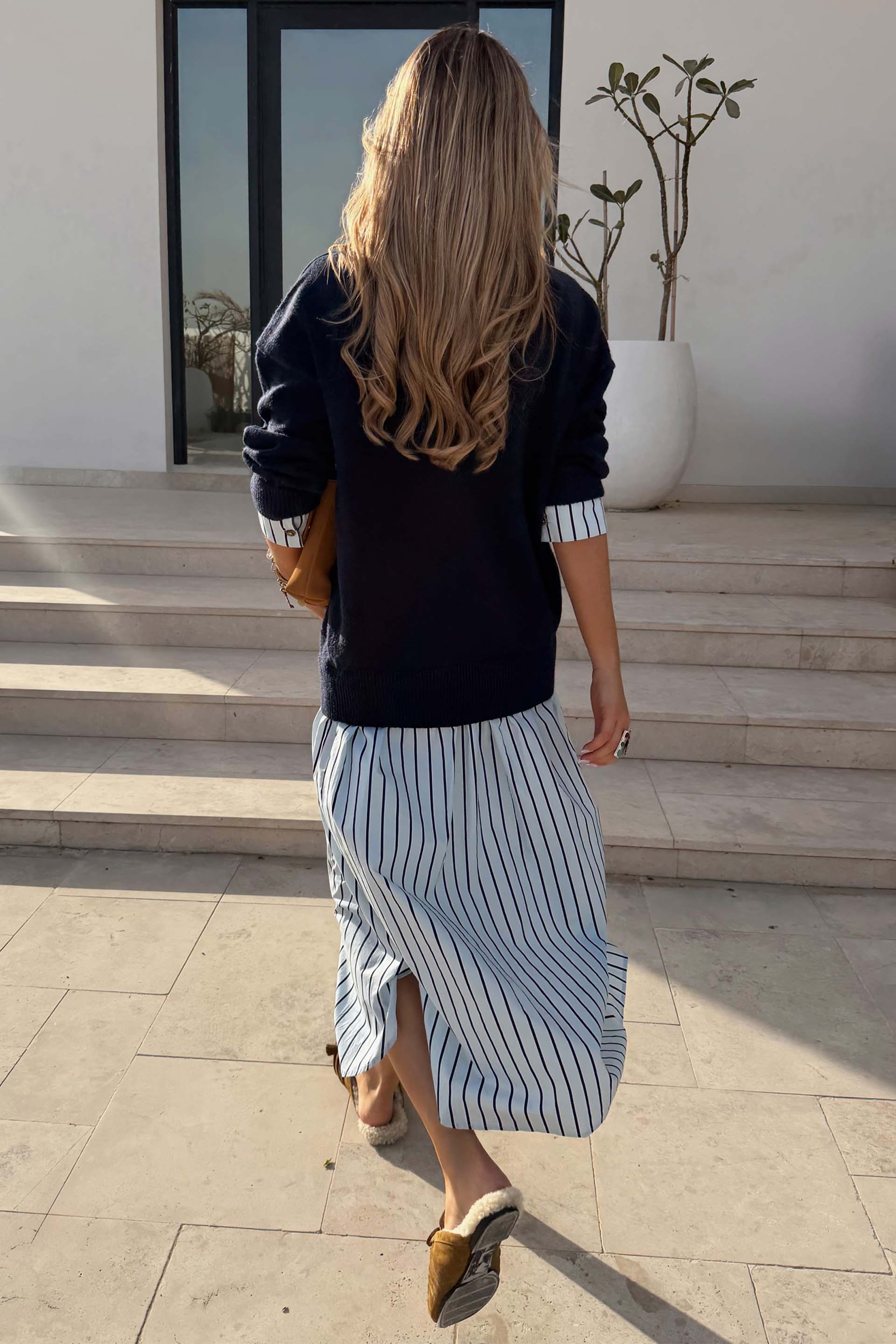 Navy Knit Jumper Dress with Stripe Cotton Skirt