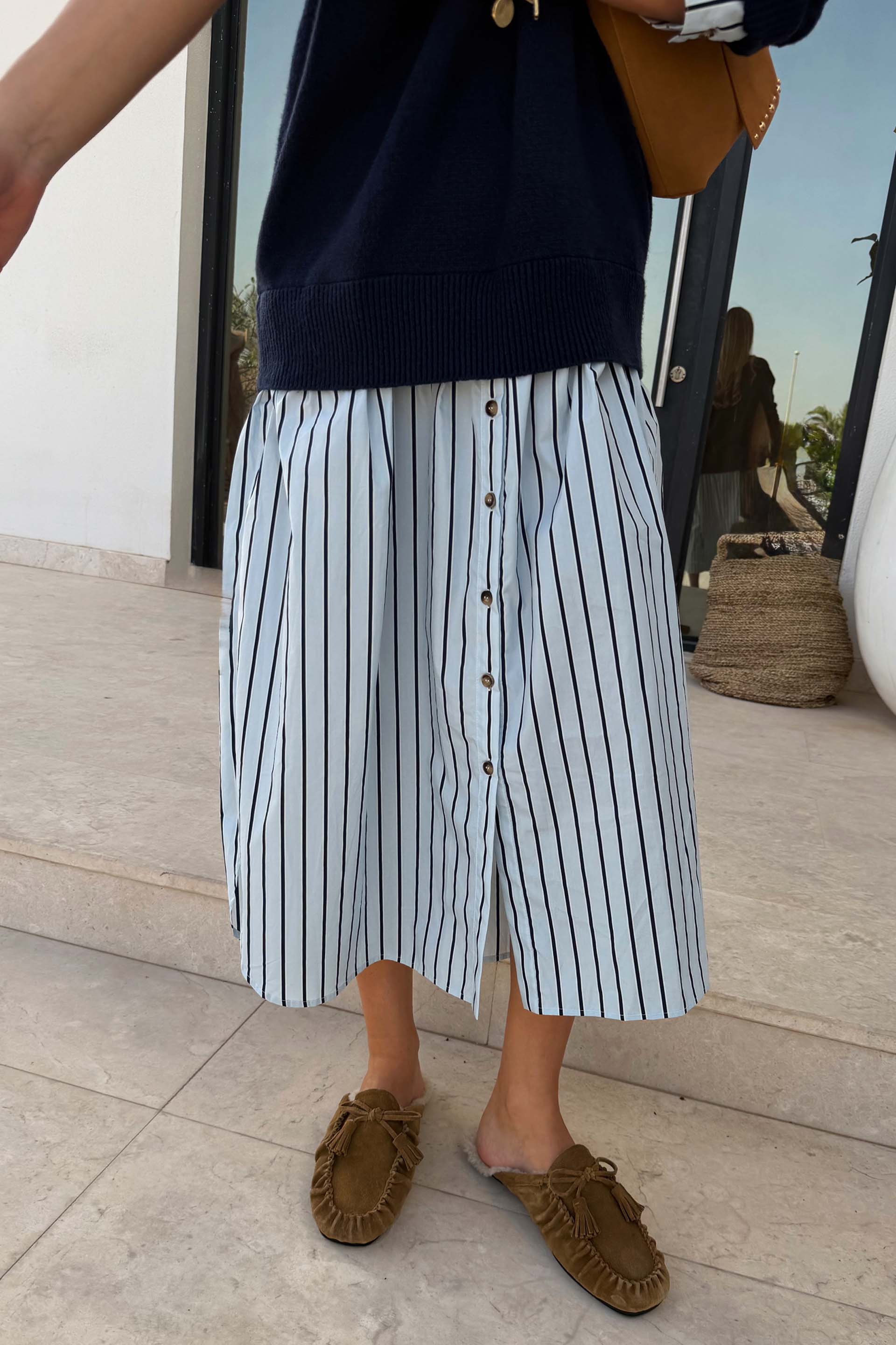 Navy Knit Jumper Dress with Stripe Cotton Skirt
