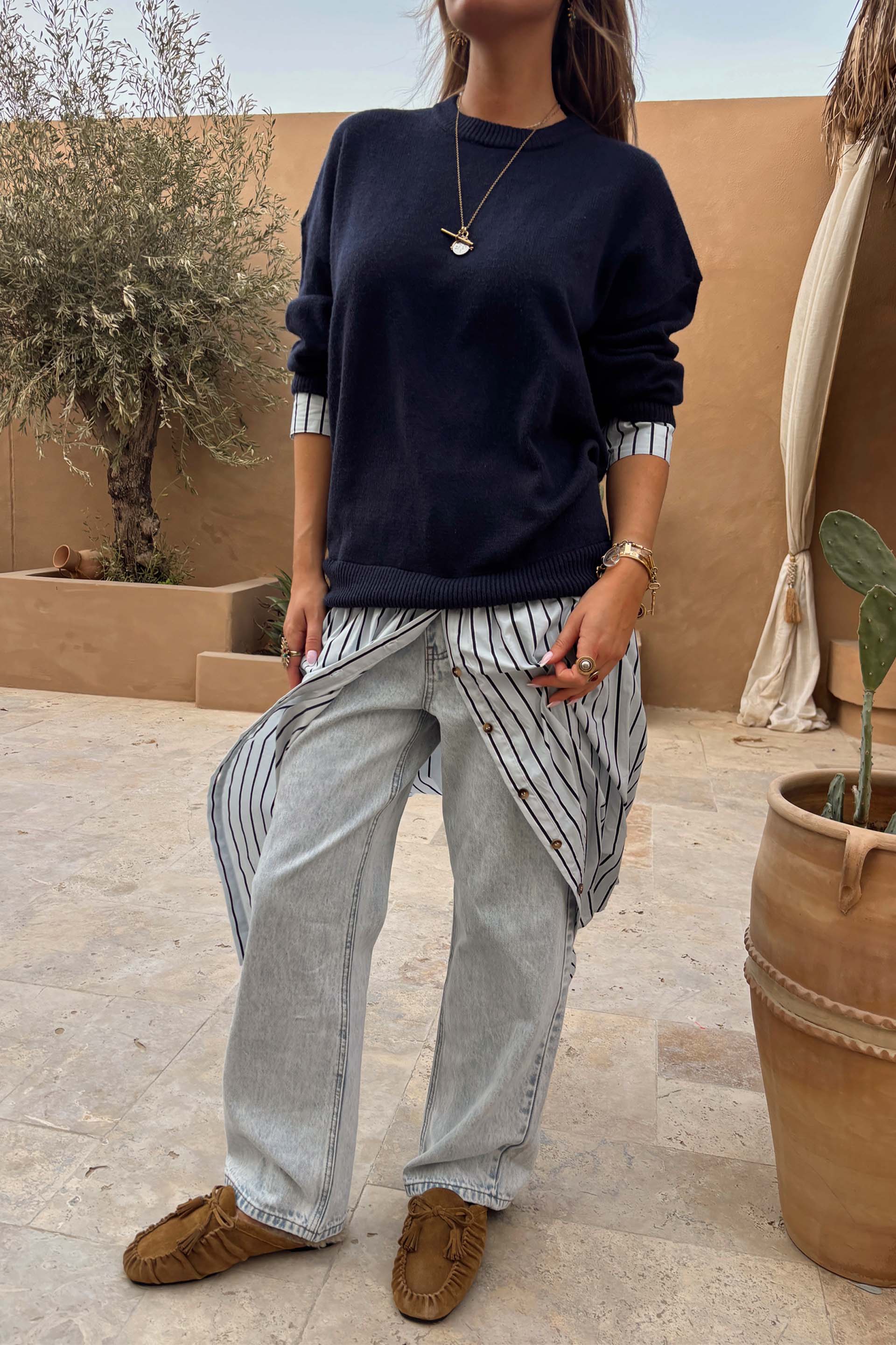 Navy Knit Jumper Dress with Stripe Cotton Skirt