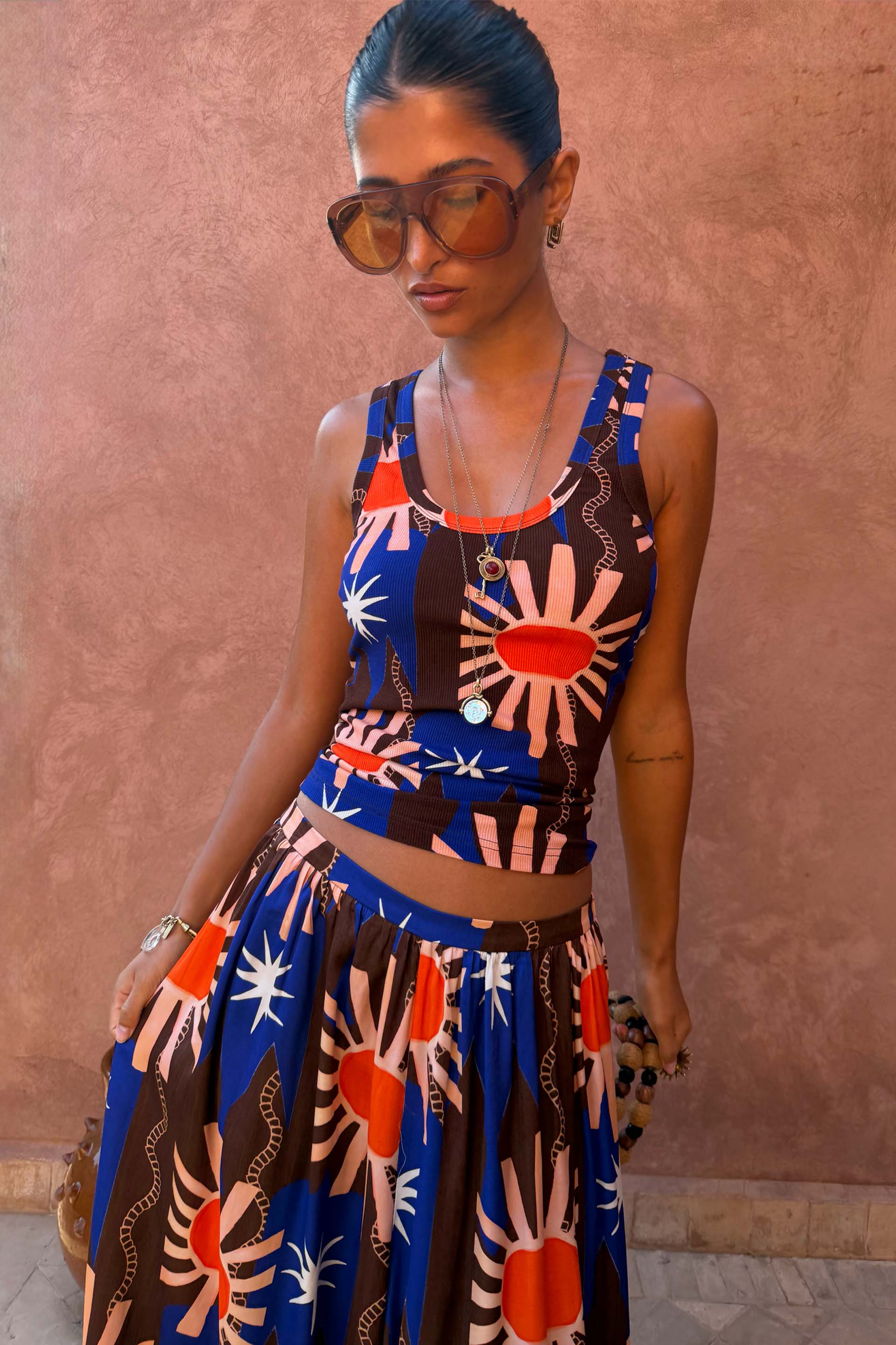 Chocolate and Blue Sun Ribbed Tank Top