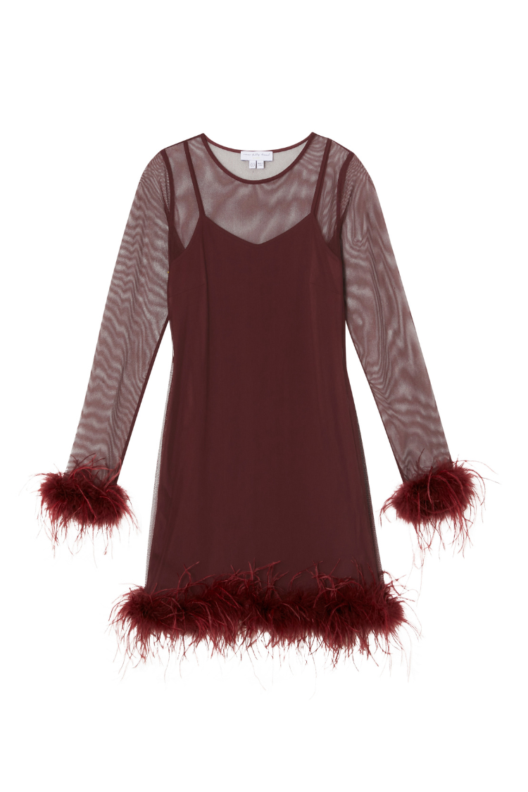 Wine Mesh Feather Mini Dress