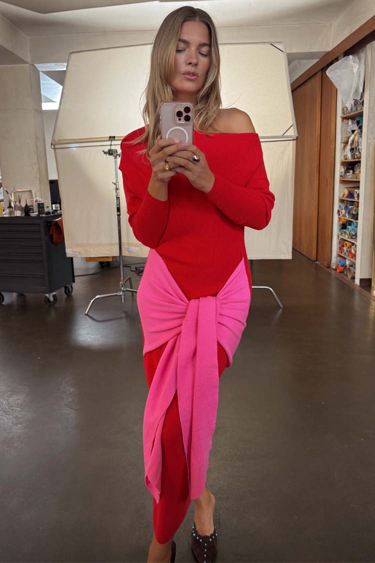 Red and Pink Afia Midi Dress