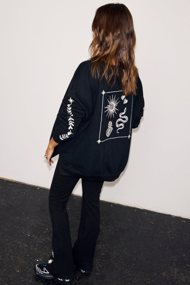 Black Sweatshirt with Ecru Embroidery