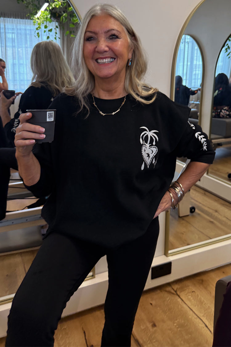 Black Sweatshirt with Ecru Embroidery