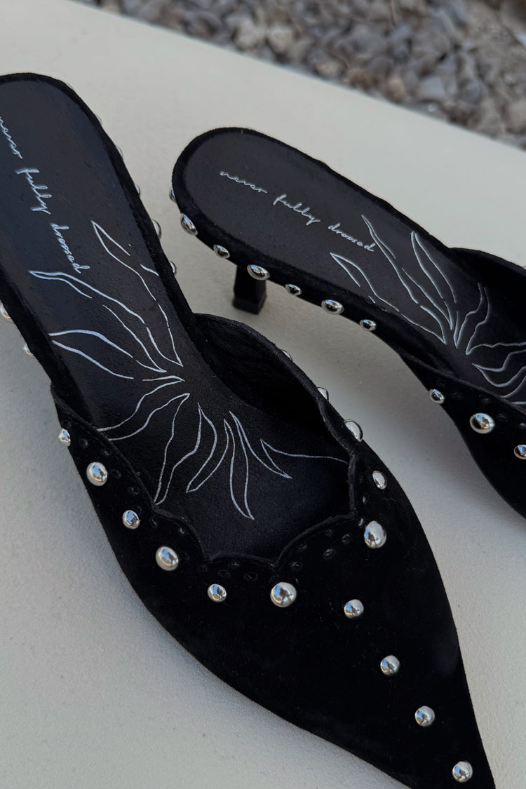 Black Suede Mules with Silver Studs