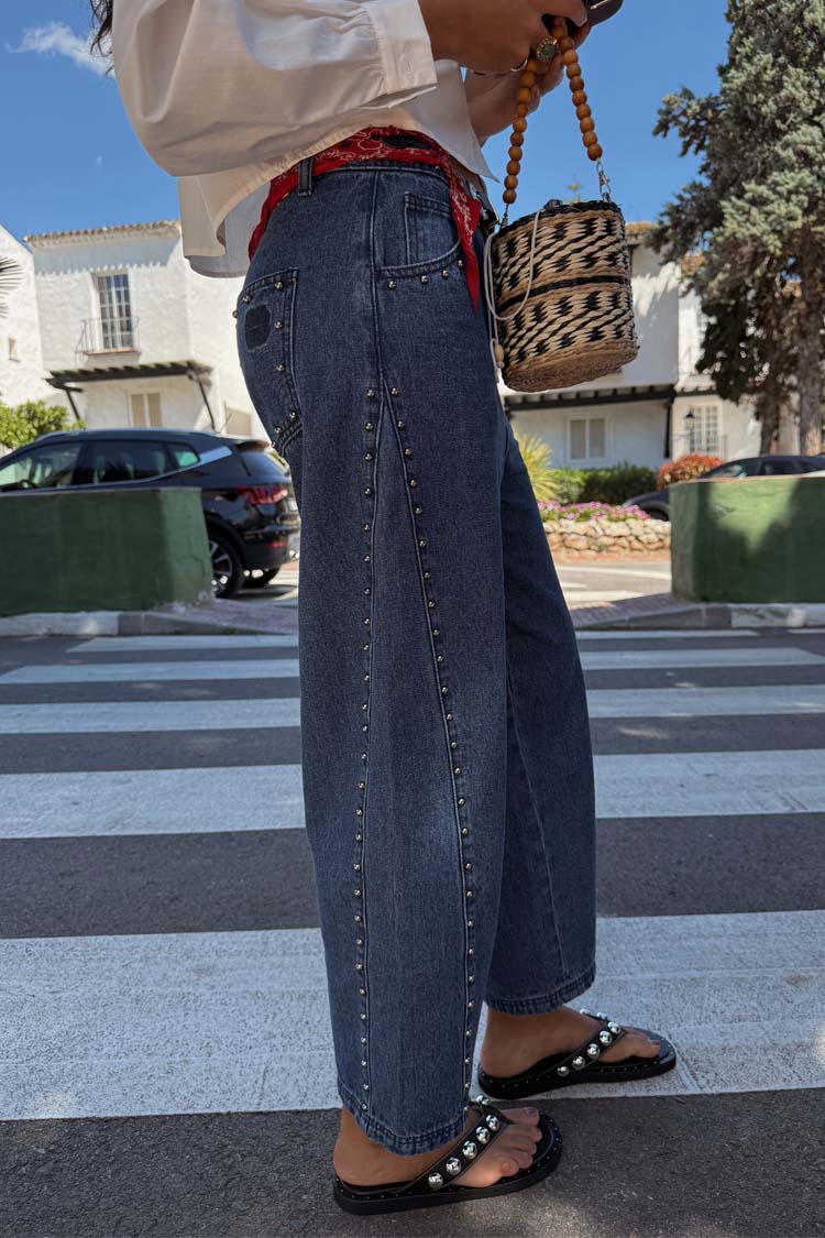 Blue Studded Barrel Jeans