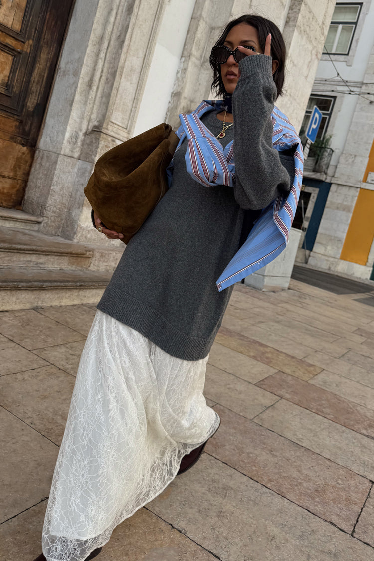 Grey Knit Jumper Dress with Sheer Lace Skirt