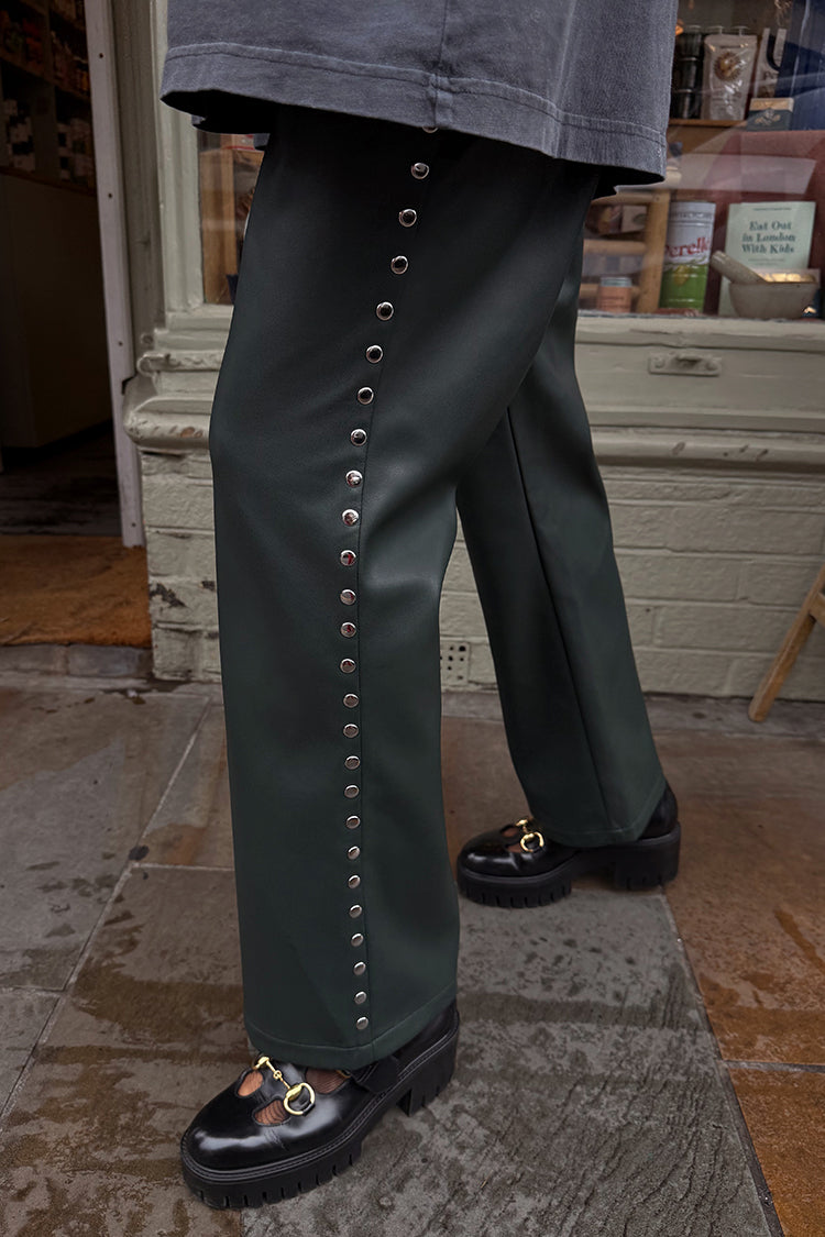Bottle Green Studded Vegan Leather Trousers Petite