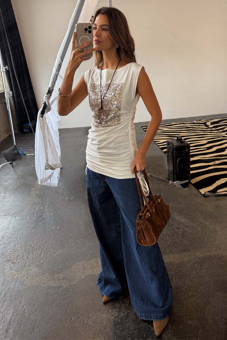 White Sequin Ruched Dress